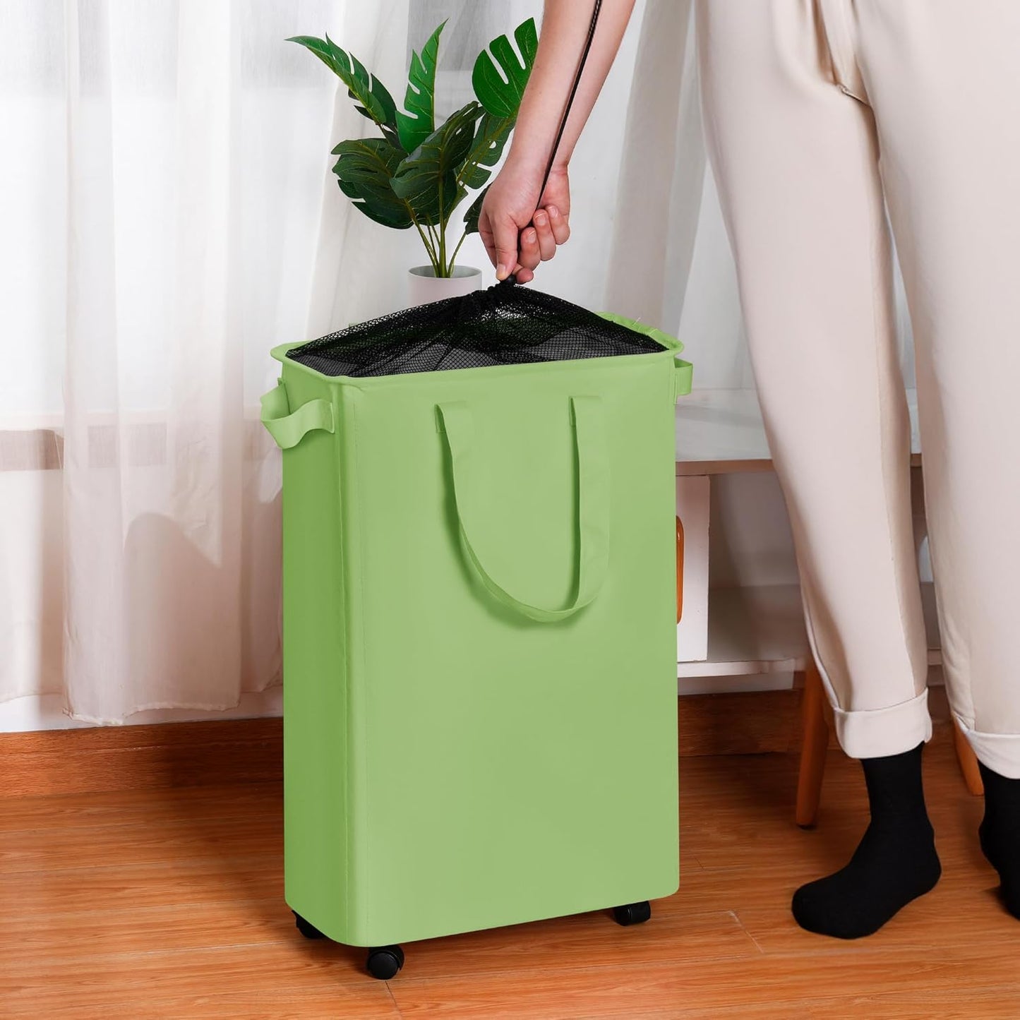 Slim Laundry Hamper with Wheels, Rolling Laundry Basket for Clothes, Small Laundry Basket for Bedroom, Dorm and Laundry Room, 60L (12.7 Gallons) Green