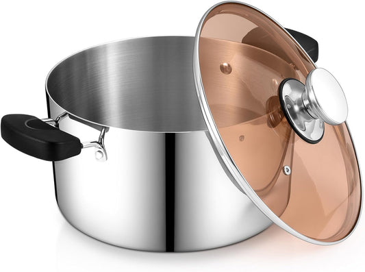 8 Quart 3-Ply Cooking Stock Pot with Lid,  Stainless Steel Large Pot for Pasta Soup Vegetables, Work on Multi Stove, Heavy Duty & Dishwasher Safe, Heat-Resistant Handles, Visible Brown Lid