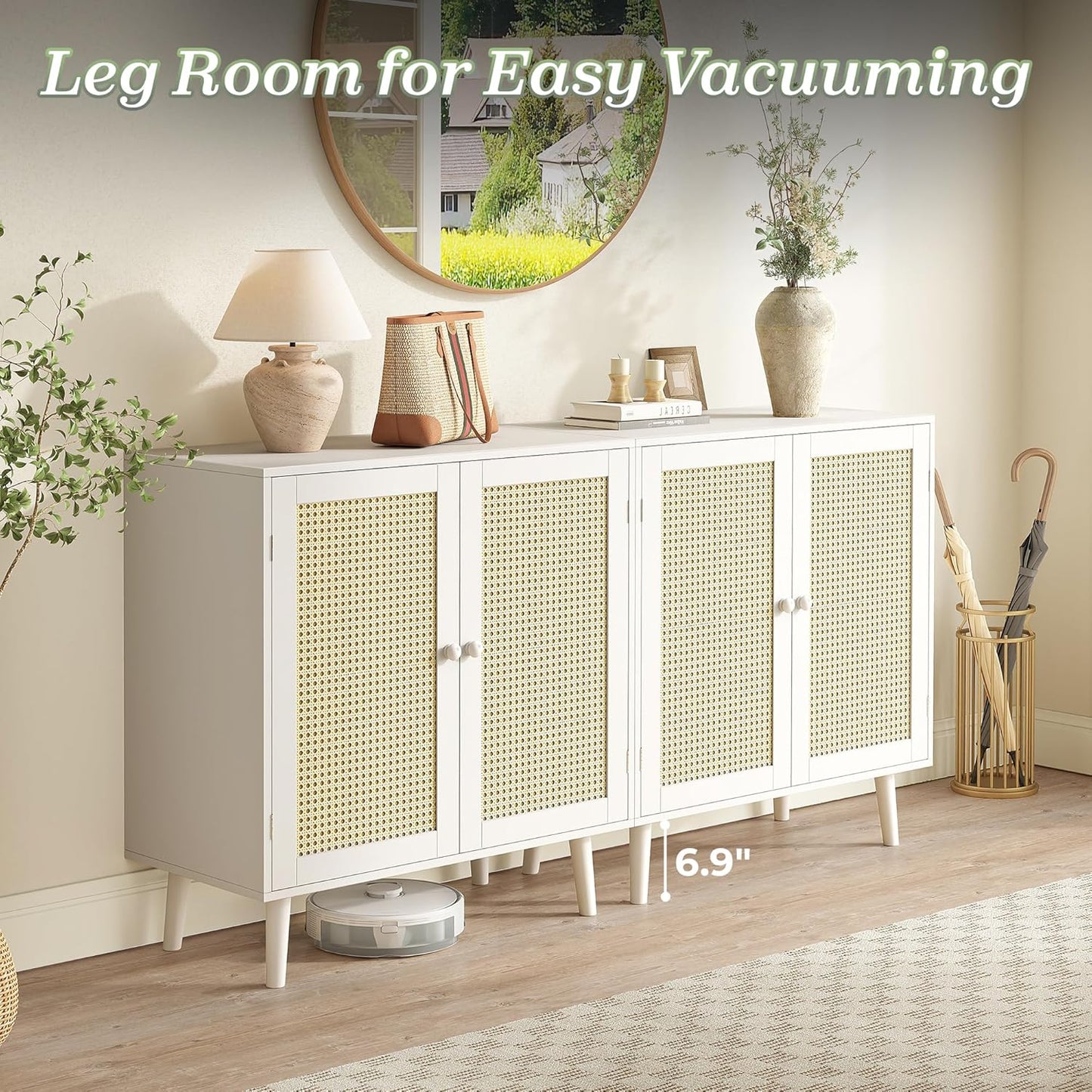 Buffet Cabinet with Storage and PE Rattan Decorative Doors, Featuring Solid Wood Legs for Hallway, Entryway, and Living Room - White Finish
