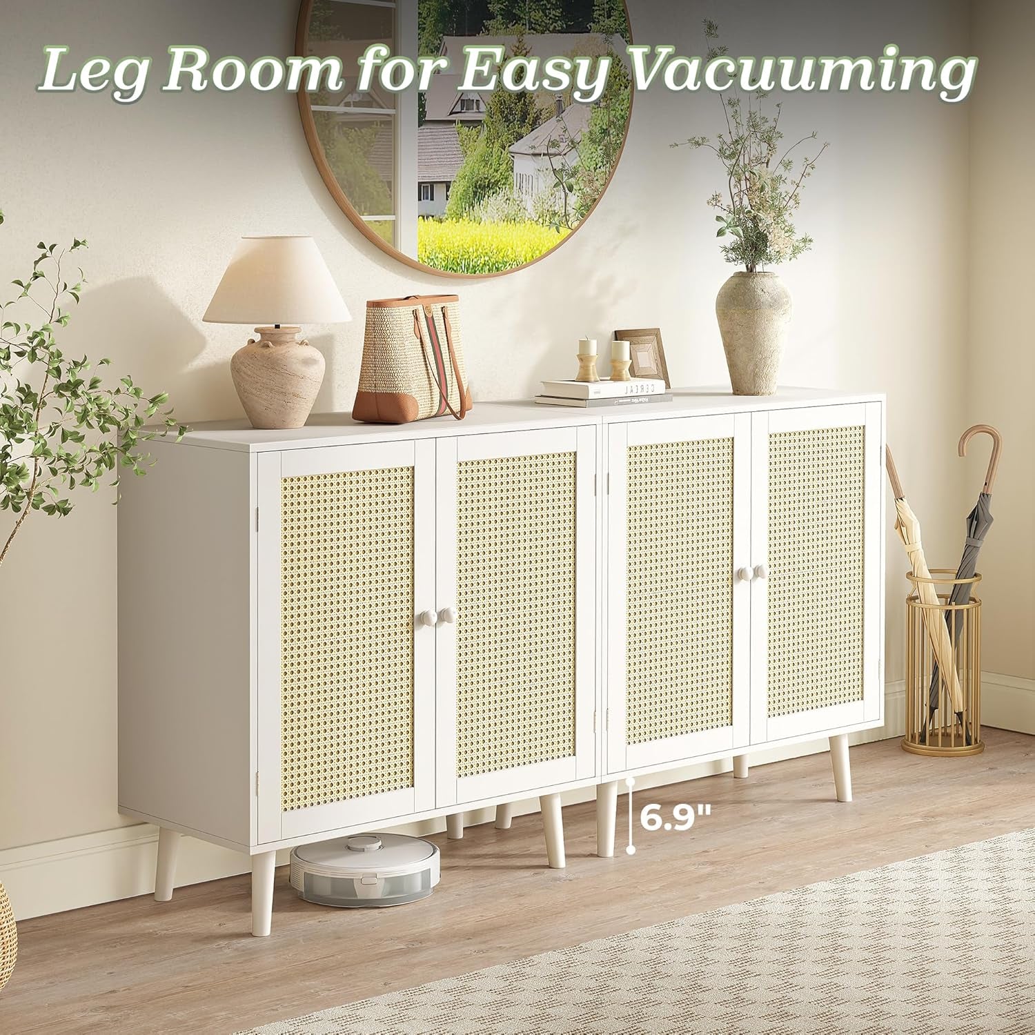 Buffet Cabinet with Storage and PE Rattan Decorative Doors, Featuring Solid Wood Legs for Hallway, Entryway, and Living Room - White Finish