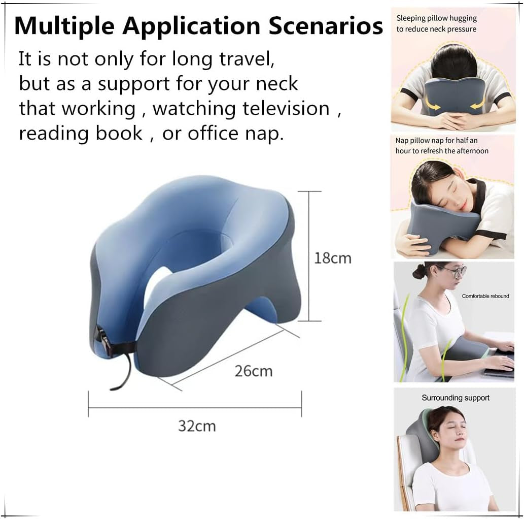 All-Round Head Support Neck Pillow,Memory Foam Travel Neck Pillow for Long Flights, Travel Pillow Comfortable and Breathable Is for Car, Train, Bus Trip,Home and Office Use (Blue)