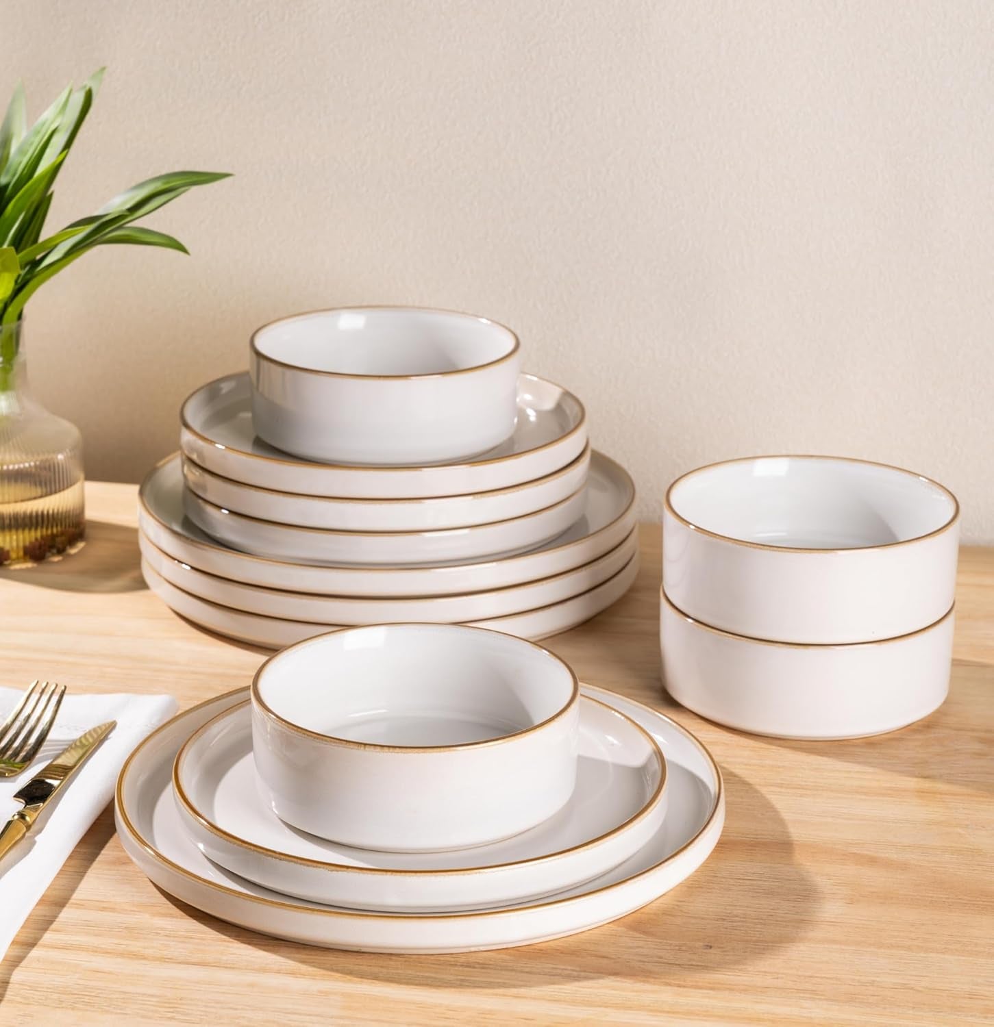 Ceramic Dinnerware Set for Four - 12 Piece Stoneware Collection with Reactive Glaze, Scratch Resistant, Dishwasher and Microwave Safe, Pearl White