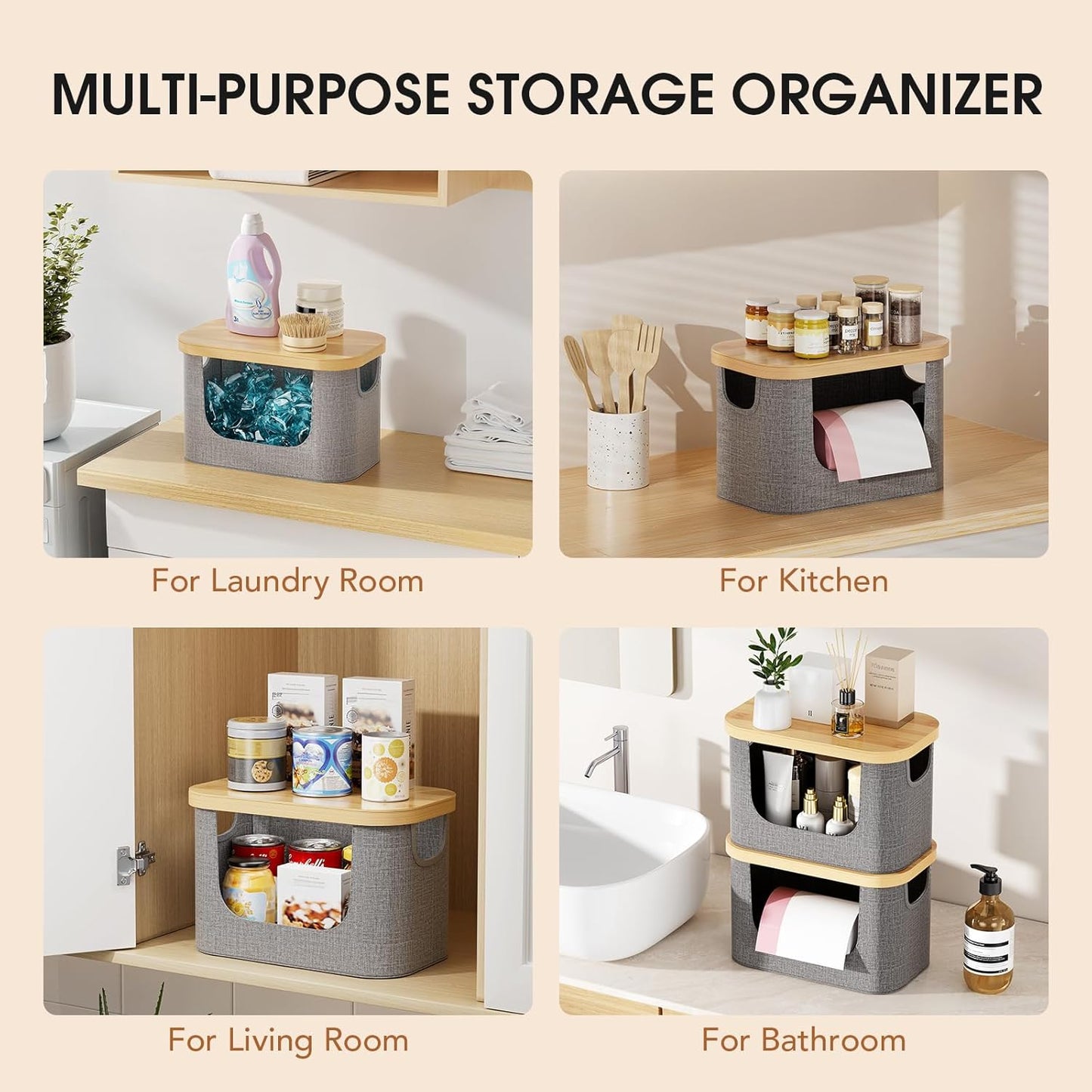 Stackable Trash Bag Dispenser with Bamboo Lid, Large Garbage Bag Dispenser Holder for 4-33 Gal Bags, Organizers and Storage for under Sink Organizer, Kitchen Countertop, Laundry Room