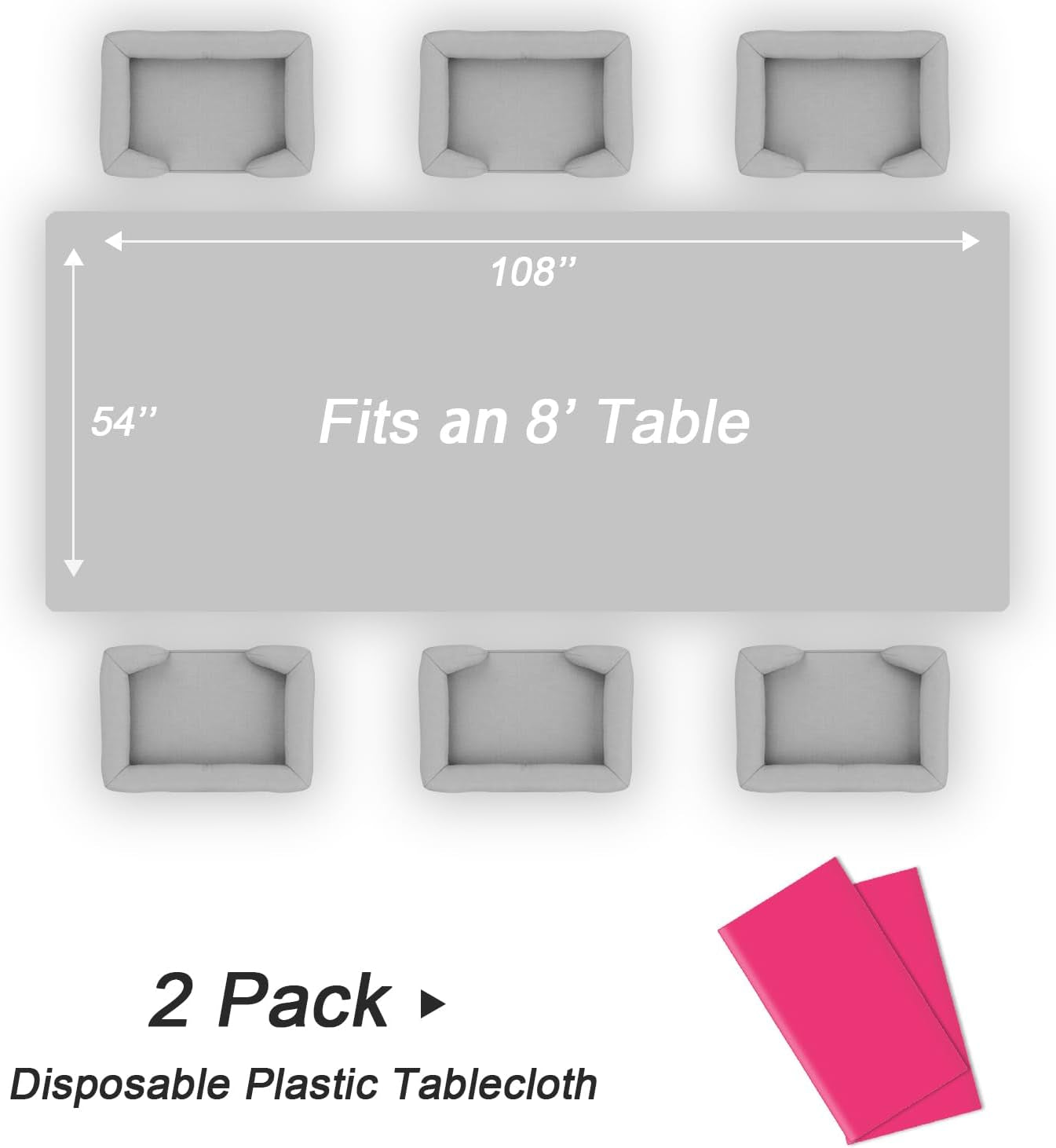 Plastic Table Cloth Disposable 2 Pack, 54 X 108 Inch Tablecloths for Rectangle Tables, Hot Pink Plastic Table Cover