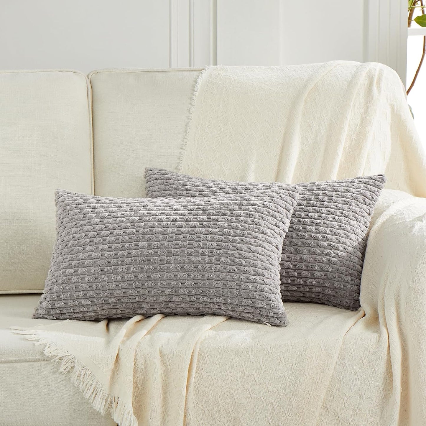 Set of 2 Boho Grey Lumbar Decorative Throw Pillow Covers 12X20 Inch for Couch Bed Chair, Neutral Farmhouse Home Decor, Soft Fluffy Corduroy Rectangle Aesthetic Cushion Case 30X50 Cm