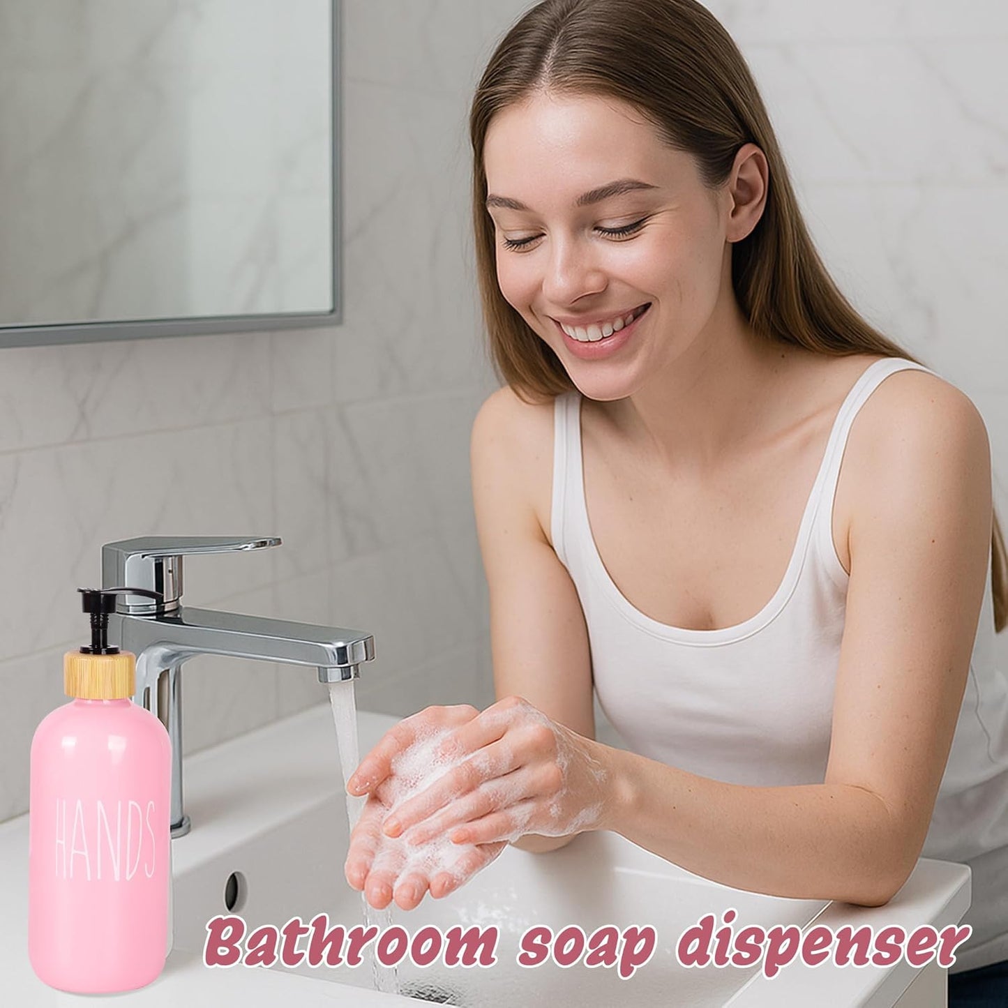 16 OZ Pink Soap Dispenser Women,2 Pack Glass Refillable Dish and Hand Bottles Set Pump Bottle,House Decor Kitchen Accessories with Wooden Pallet Girly