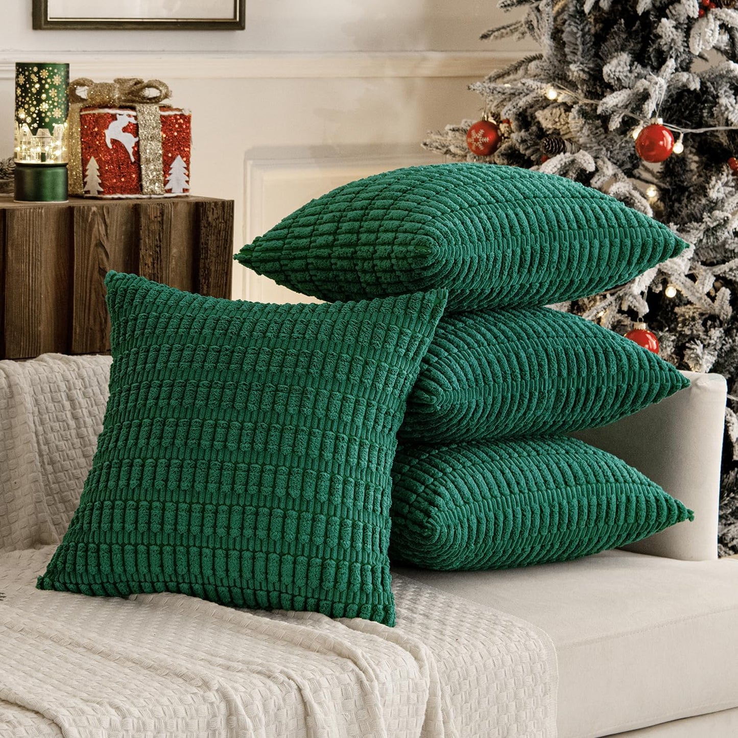 Pack of 4 Forest Green Corduroy Decorative Throw Pillow Covers 18X18 Inch Soft Boho Striped Pillow Covers Modern Farmhouse Home Decor for Sofa Living Room Couch Bed