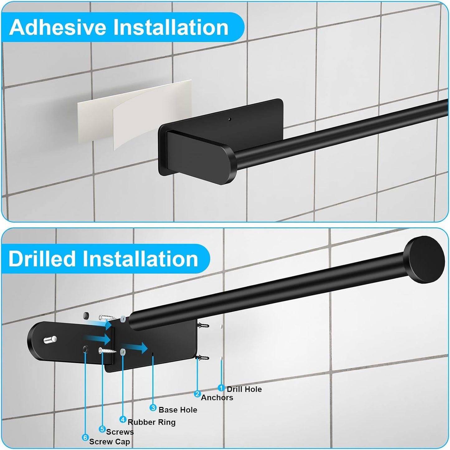 Black Paper Towel Holder under Cabinet, No Drilling under Counter Paper Towel Holder Wall Mount Towel Rack, Adhesive Toilet Paper Roll Holders for Kitchen Bathroom Fridge Pantry Garage RV Essentials