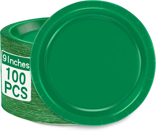 100 Piece Green Paper Plates - 9" Heavy Duty round Party Dinner Plates for Daily Use, Birthdays, Picnics & Camping