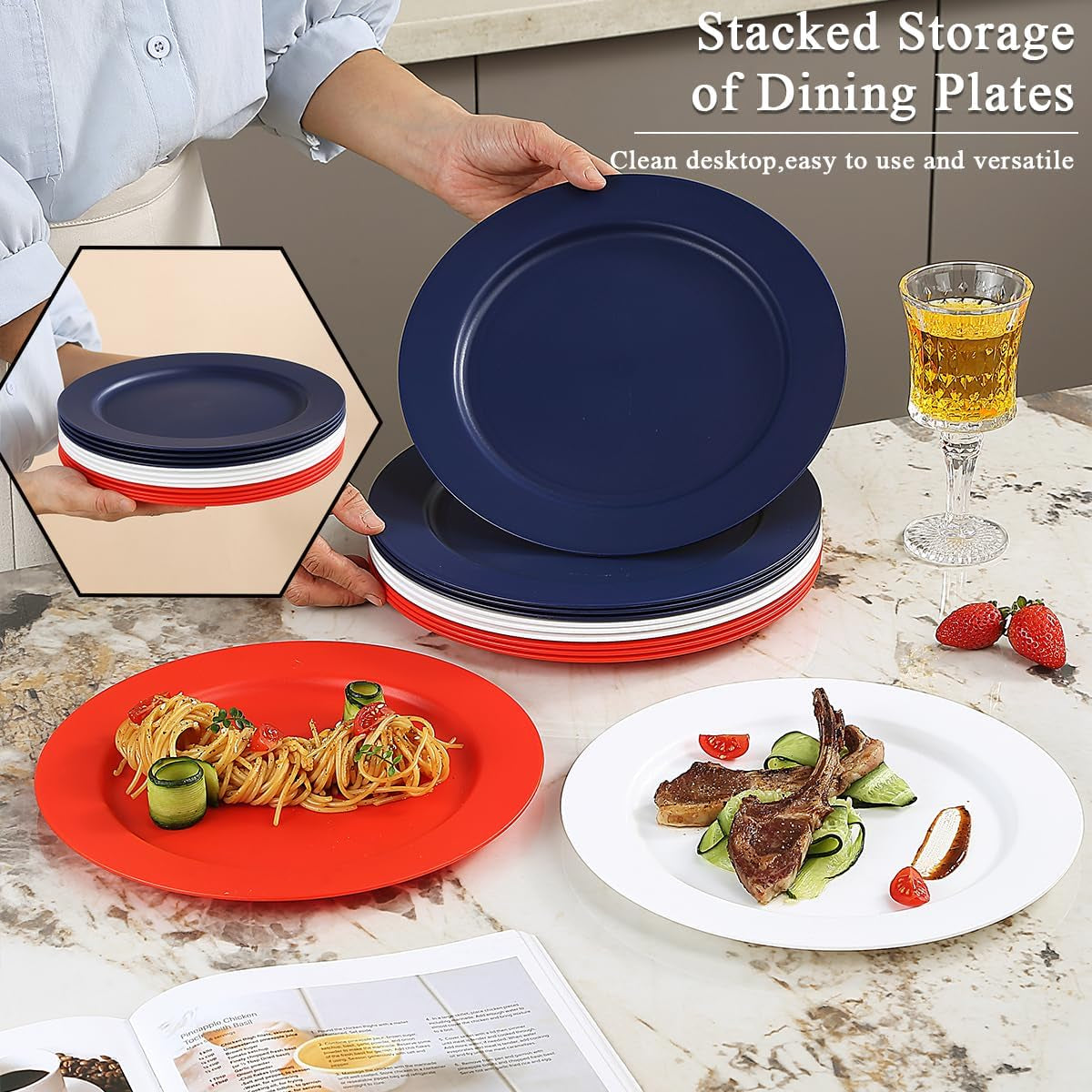 12-Piece Reusable 10-Inch Plastic Dinnerware Set in FR Color - Unbreakable Flat Plates, Salad Plates, and Pasta Bowls for Home, Garden, Picnic, Camping, and Outdoor Use