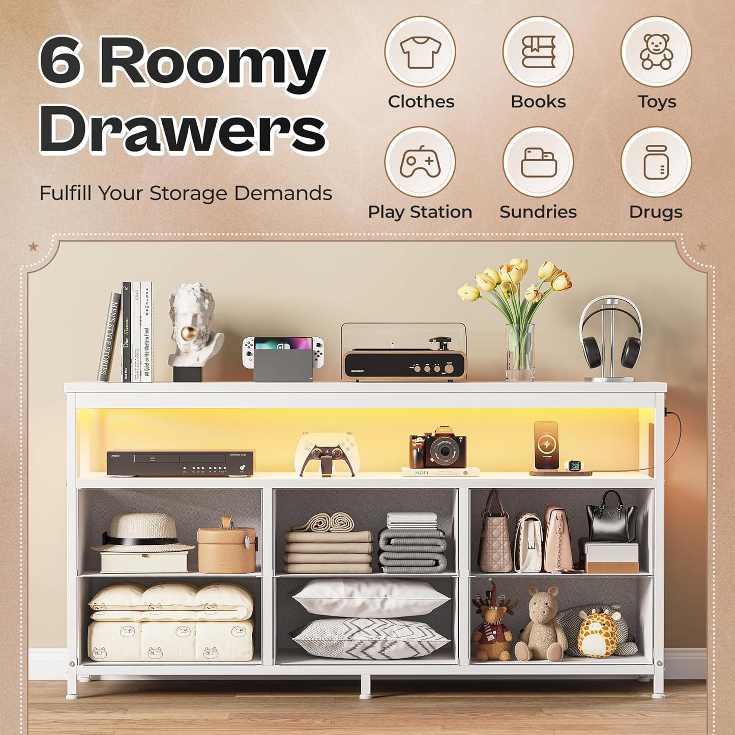 Modern LED TV Stand for Bedroom - 47 Inch Dresser with Storage for 43, 50, and 55 Inch TVs, White Entertainment Center with Power Outlets and 6 Drawer Fabric Dresser for Living Room