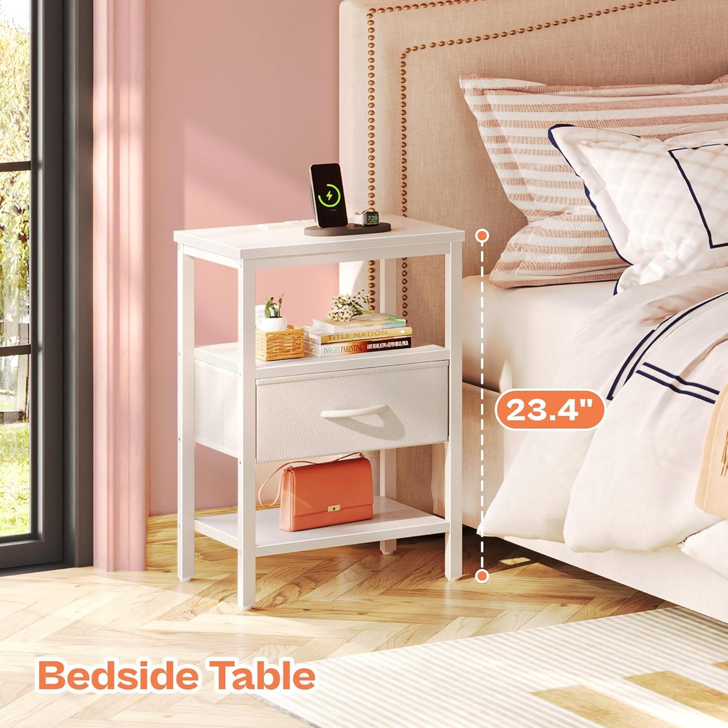 White Nightstand with Charging Station and Adjustable Fabric Drawer, 3-Tier Storage End Table for Bedroom and Living Room