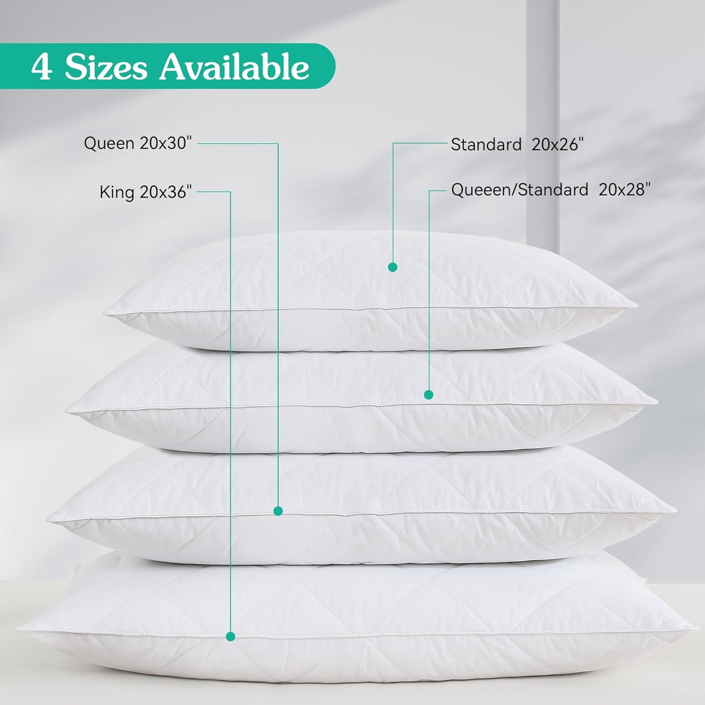 Queen/Standard Size White Goose Feather Bed Pillows Set of 2 - Soft 600 Thread Count 100% Cotton, Medium Firm with Soft Support Surround Fill Polyfiber, White Solid
