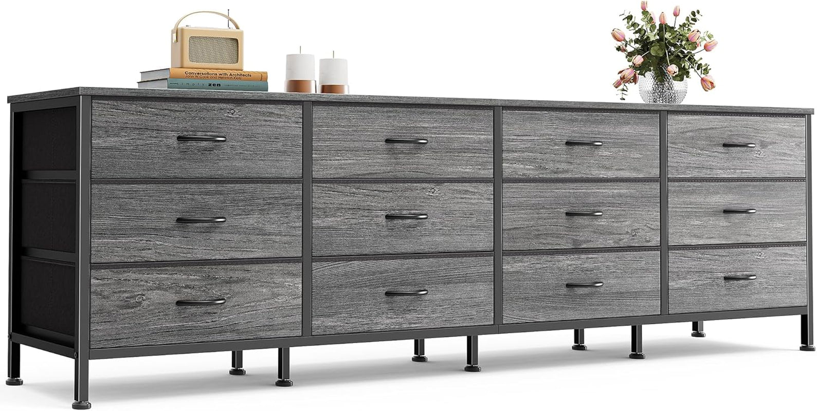 70-Inch Grey Dresser and TV Stand for 65 to 80 Inch TVs with 12 Fabric Drawers, Large Storage Organizer for Bedroom and Living Room
