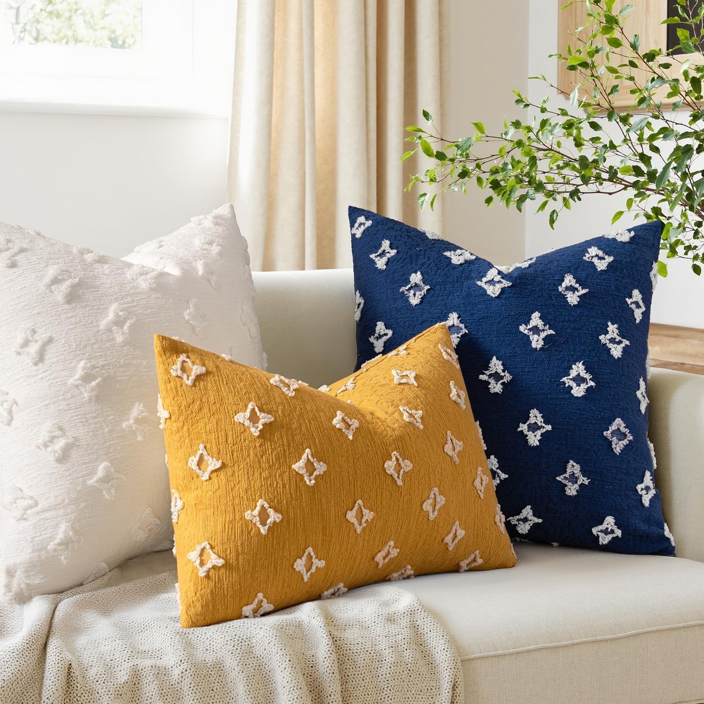 Set of 2 Decorative Throw Pillow Covers Rhombic Jacquard Pillowcase Soft Square Cushion Case for Couch Sofa Bed Bedroom Living Room, 18X18 Inch, Blue