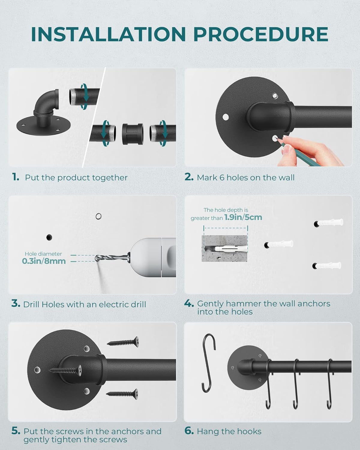 38 Inch Pot Bar Rack Wall Mounted Detachable Pans Hanging Rail Kitchen Lids Utensils Hanger with 14 S Hooks Black