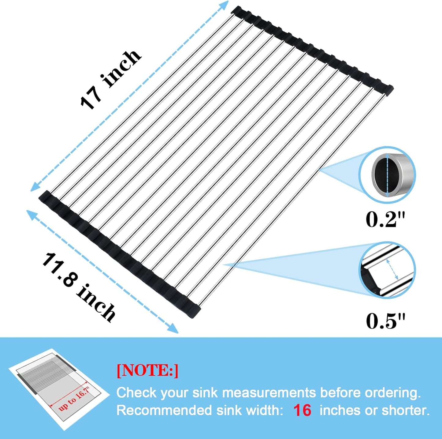 Roll up Dish Drying Rack over the Sink Drying Rack for Kitchen, Folding Dish Rack over Sink Mat, Stainless Steel Dish Drainer Rack Kitchen Organizer Accessories Black 17"X11.8"