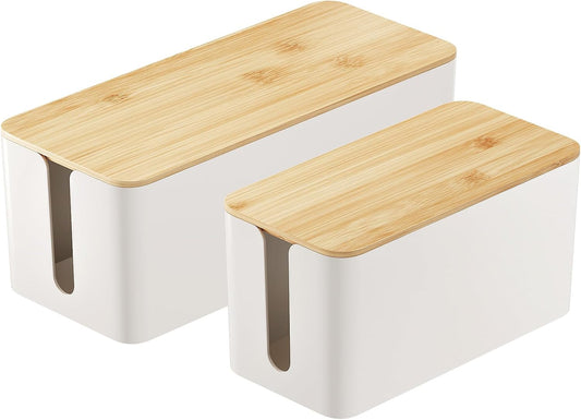 2 Pack Cable Management Box, Safe ABS Wood Grain Desk Medium and Small Cord Organizer, Baby-Pet Proof Lock under Desk Cover Hidden for USB Hub TV Wires Computer Desks and Power Strips