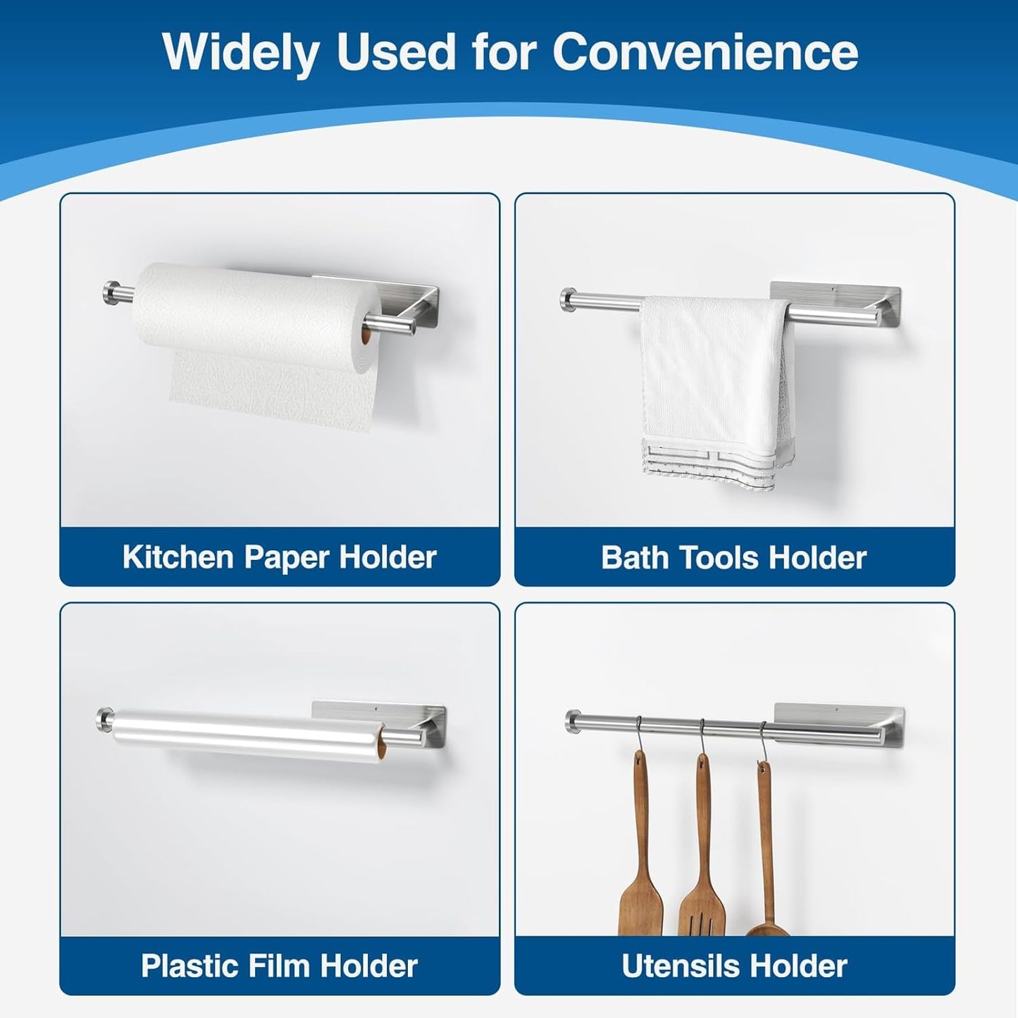 Paper Towel Holder - Self-Adhesive or Drilling, Brushed Nickel, Wall Mounted, SUS304 Stainless Steel Kitchen Roll Dispenser under Cabinet