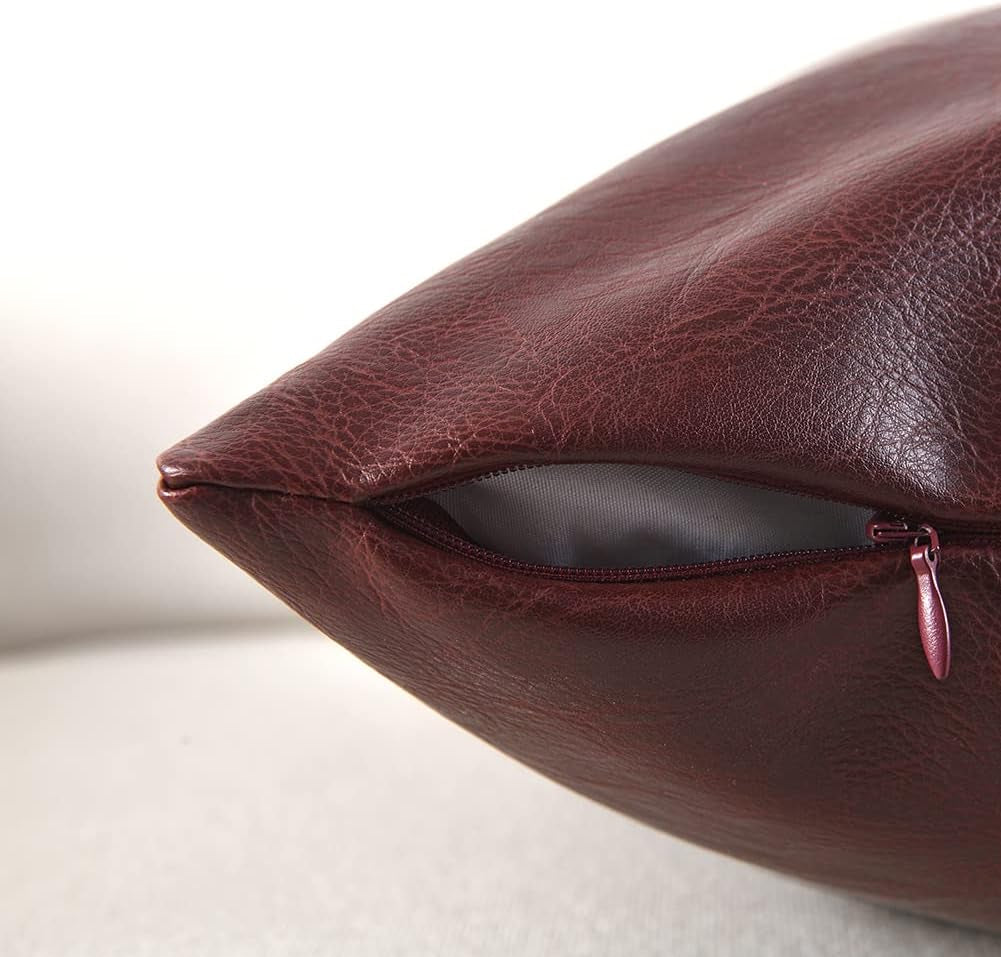Burgundy Lumbar Waterproof Faux Leather Decorative Throw Pillow Covers 12X20 Inch for Living Room Couch Bed, Modern Farmhouse Boho Home Decor, Wine Red Hand Stitched Cushion Case 30X50 Cm