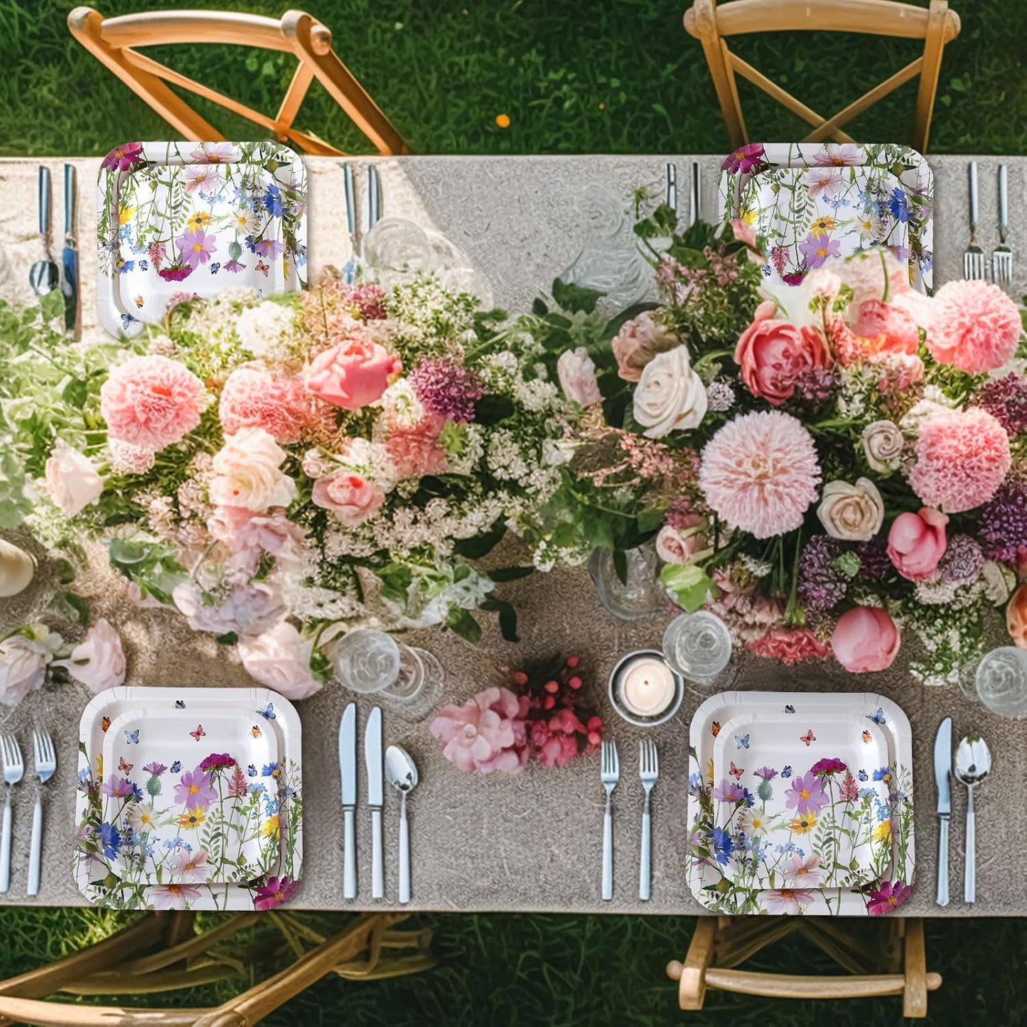 100-Piece Floral Disposable Paper Plate Set - 9'' Dinner Plates and 7'' Square Dessert Plates for Birthdays, Weddings, Baby Showers, and Parties (Sweet Color, Wildflower Design)