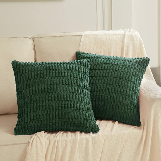 2 Packs Boho Dark Green Decorative Throw Pillow Covers 18X18 Inch for Couch Bed Sofa, Rustic Modern Farmhouse Home Decor, Soft Plush Corduroy Cute Square Cushion Case 45X45 Cm
