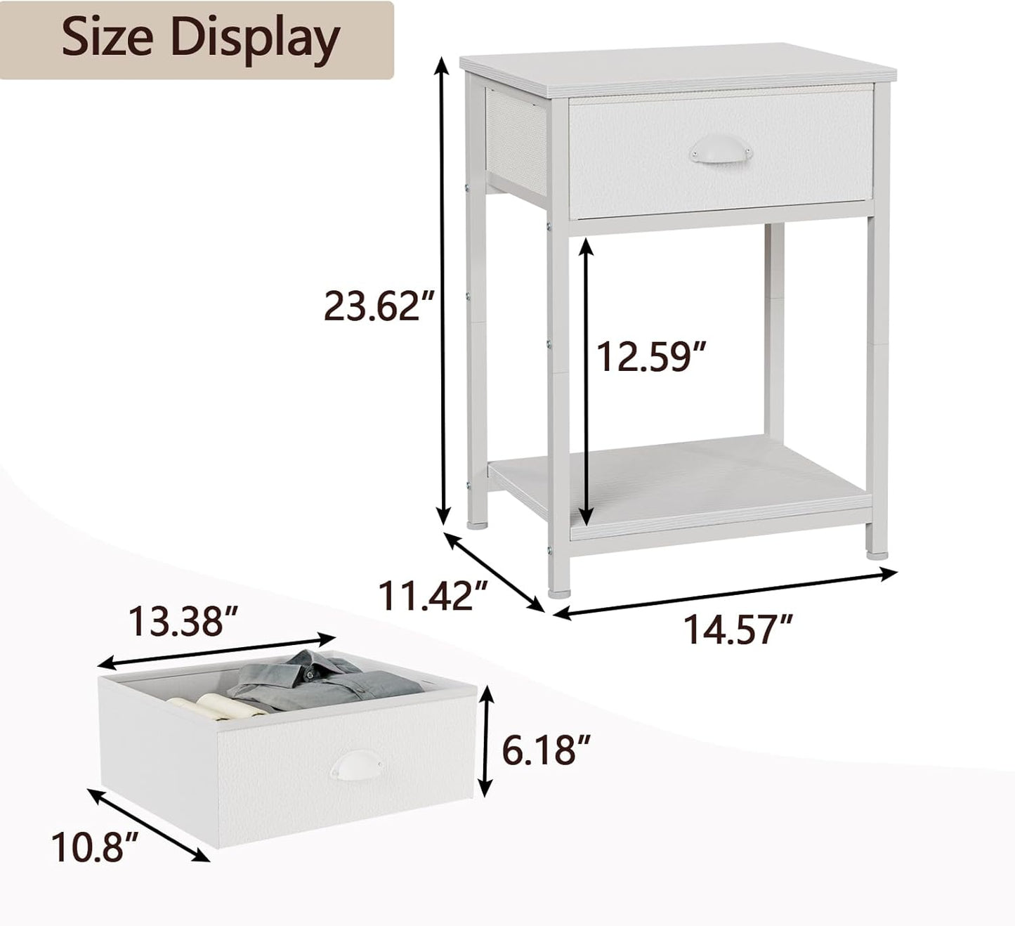 White Nightstand with Fabric Drawer, Small Side Table for Small Spaces, 2 Tiers Storage Shelves End Table, Night Stand for Living Room, Bedroom, Dorm