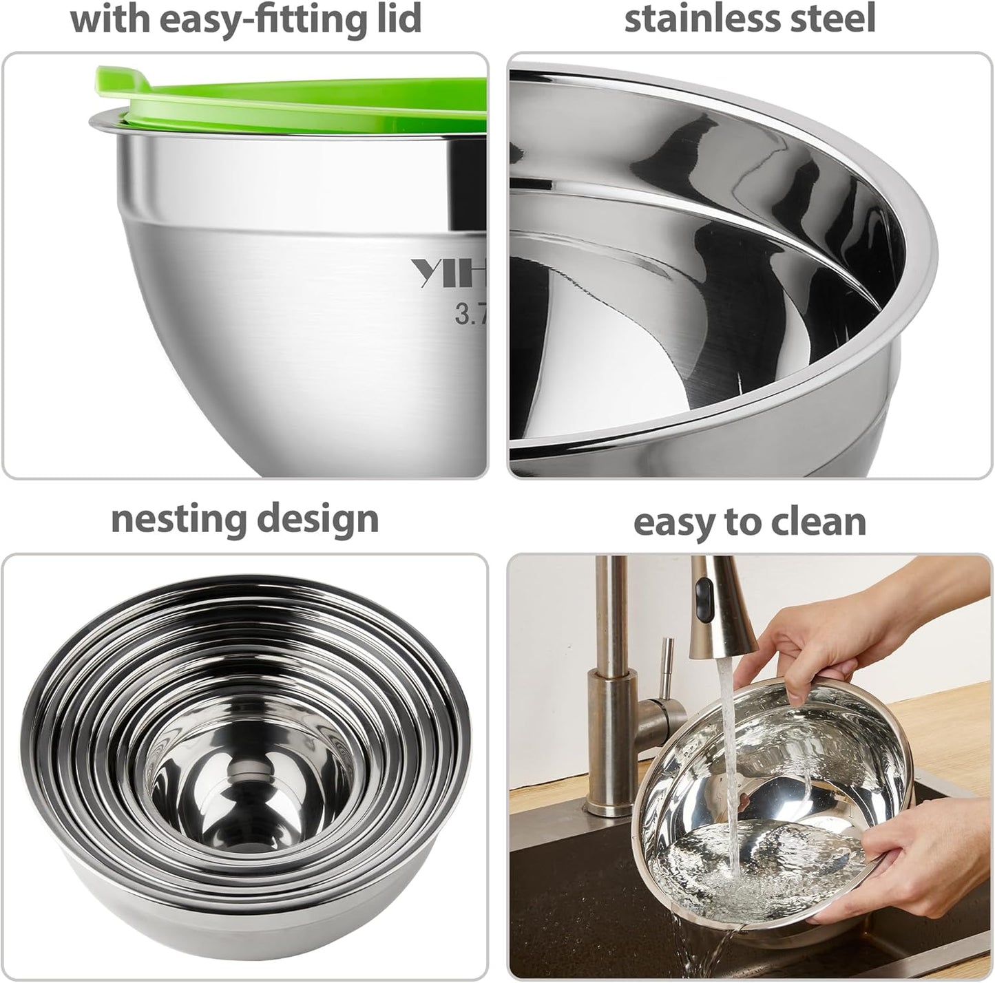 7 Piece Metal Mixing Bowls with Lids for Kitchen, Stainless Steel Set Ideal for Baking, Prepping, Cooking and Serving Food, Nesting Design for Space Saving Storage