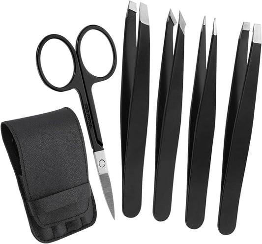 5-Piece Premium Set Matte Black Stainless Steel Eyebrow Tweezers Kit with 4 Precision Tips (Slant/Pointed/Flat/Rounded) & Sharp Grooming Scissors for Facial Hair Removal & Splinter Extraction