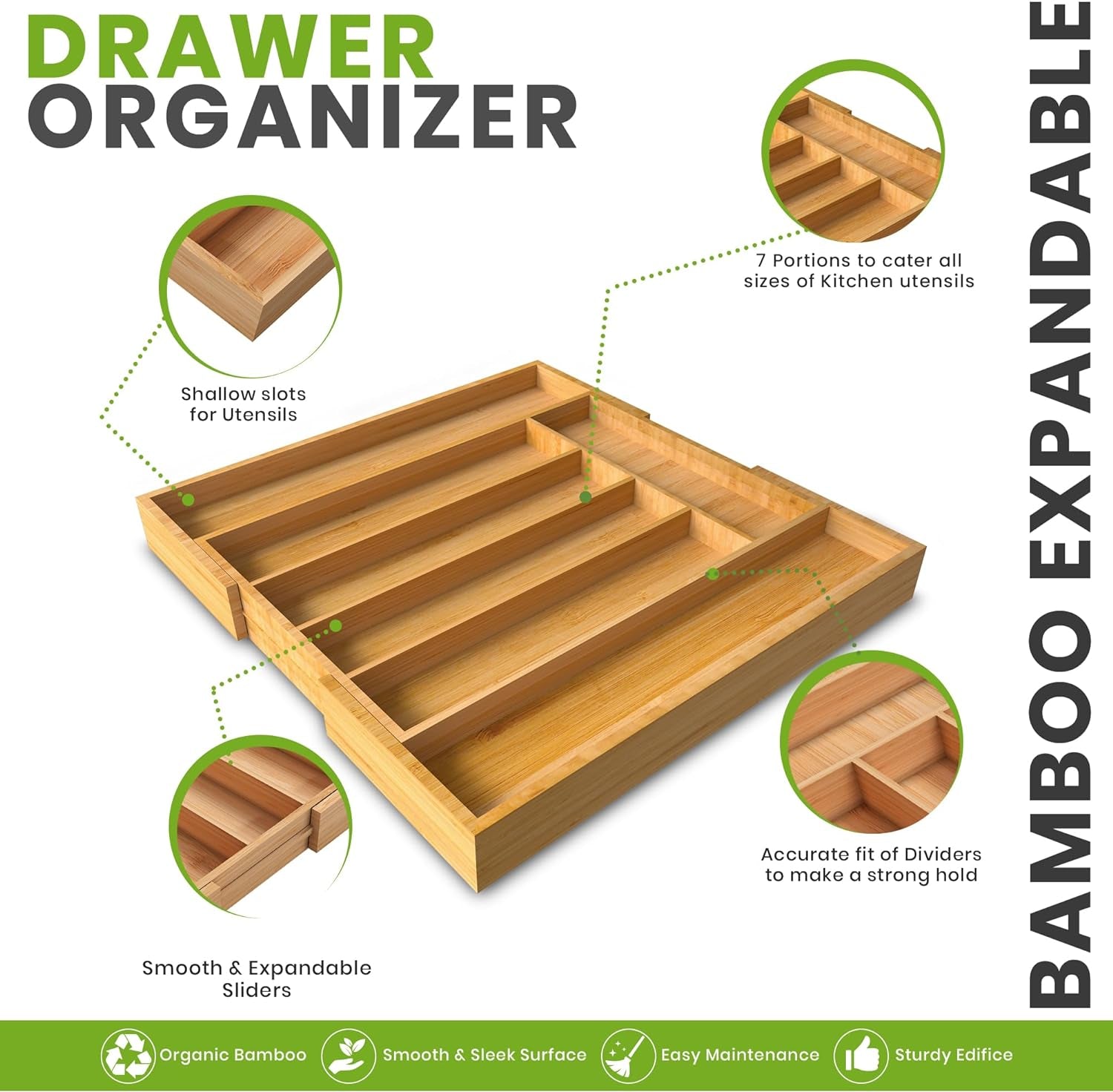 Expandable Bamboo Utensil Drawer Organizer, Silverware Organizer for Cutlery, Flatware Holder (5-7 Slots, Natural) - Pack of 1