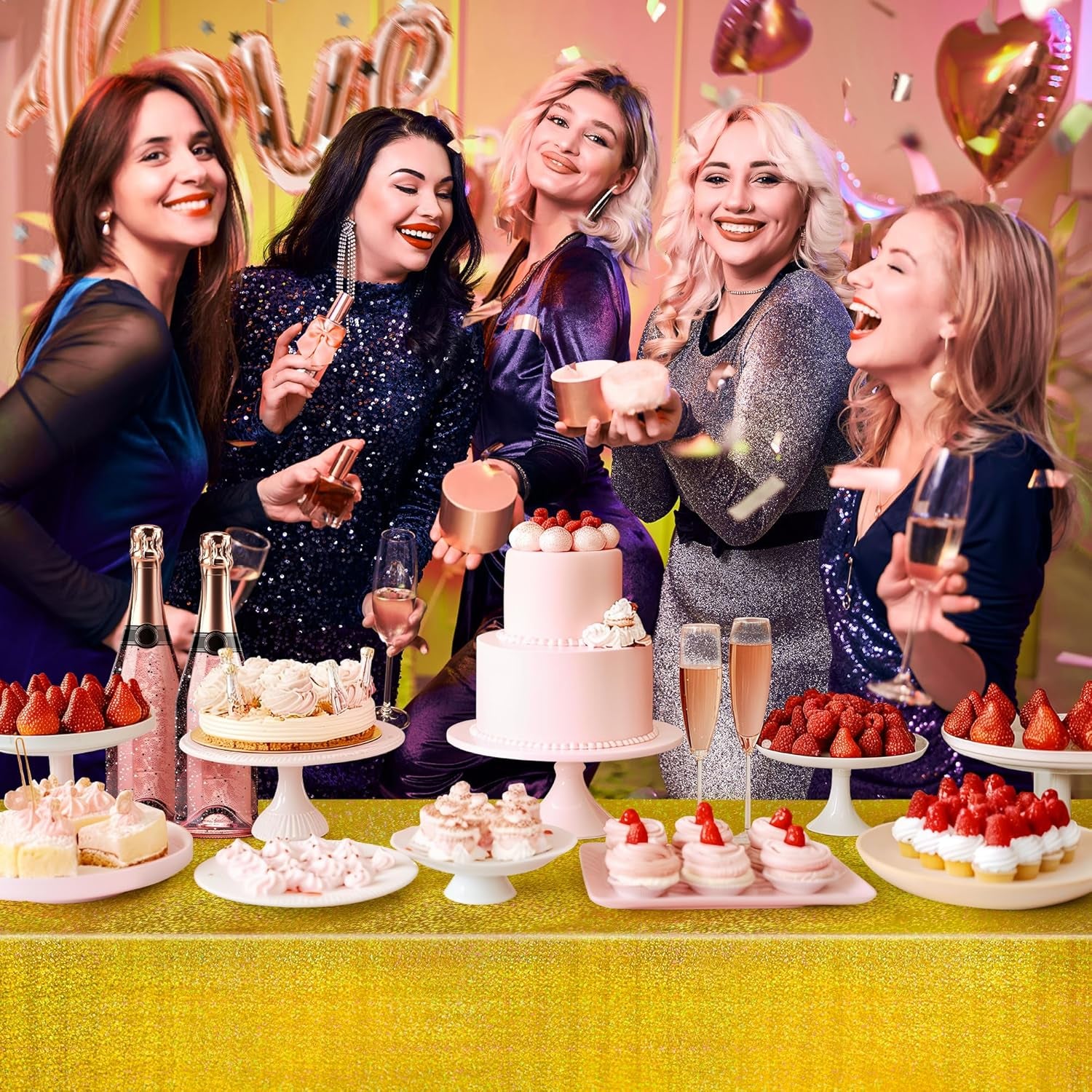 Gold Holographic Foil Tablecloths - Set of 2, 54x108 Durable Table Covers for Elegant Events, Perfect for Parties, Weddings, and Showers