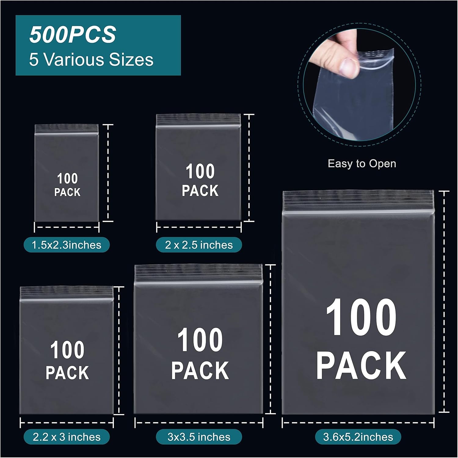 500 Pcs Small Plastic Bags, Small Bag, Mini Baggies, Jewelry Bag Clear Plastic, 5 Assorted Sizes, Resealable Poly Bags for Pill, Storage, Candy, Packaging