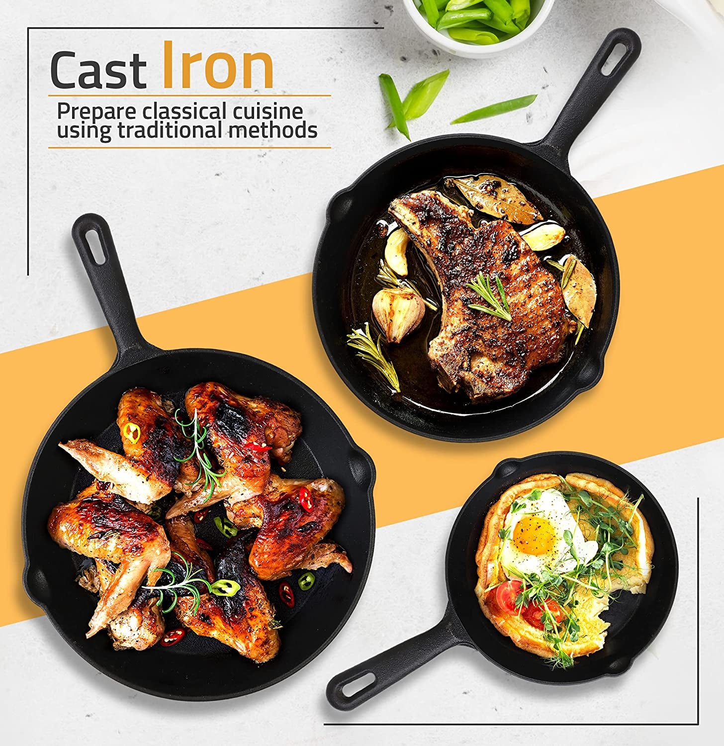 Cast Iron Skillets 3 Piece Set, Chefs Pan, Pre Seasoned Cast Iron Skillets, 6, 8 & 10 Inches, Easy Use in the Oven, Stove, Grill, or Campfire, Black