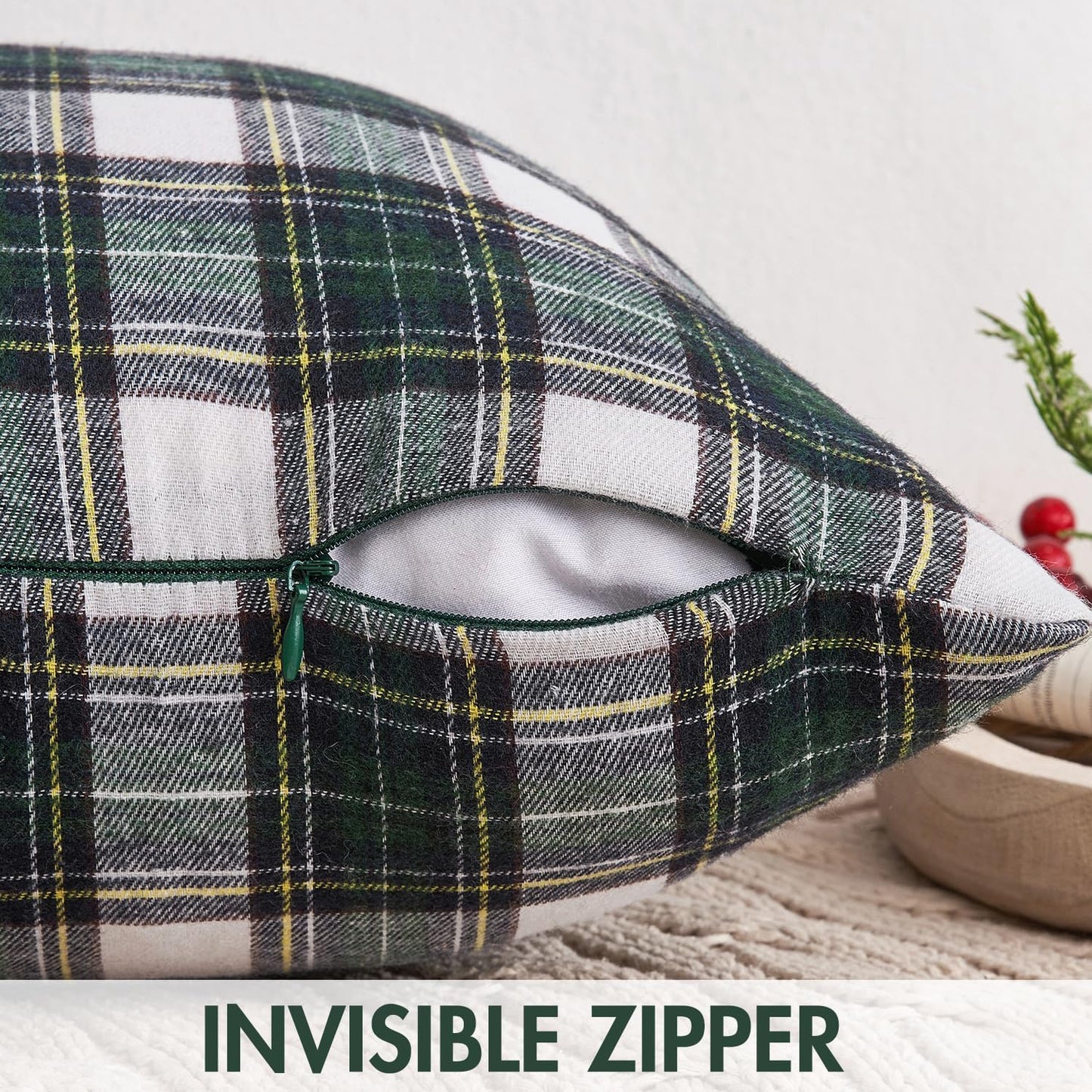 Christmas Set of 2 Scottish Tartan Plaid Throw Pillow Covers Farmhouse Classic Decorative Outdoor Square Cushion Cases for Decor Sofa Couch 18X18 Inch, Green and White