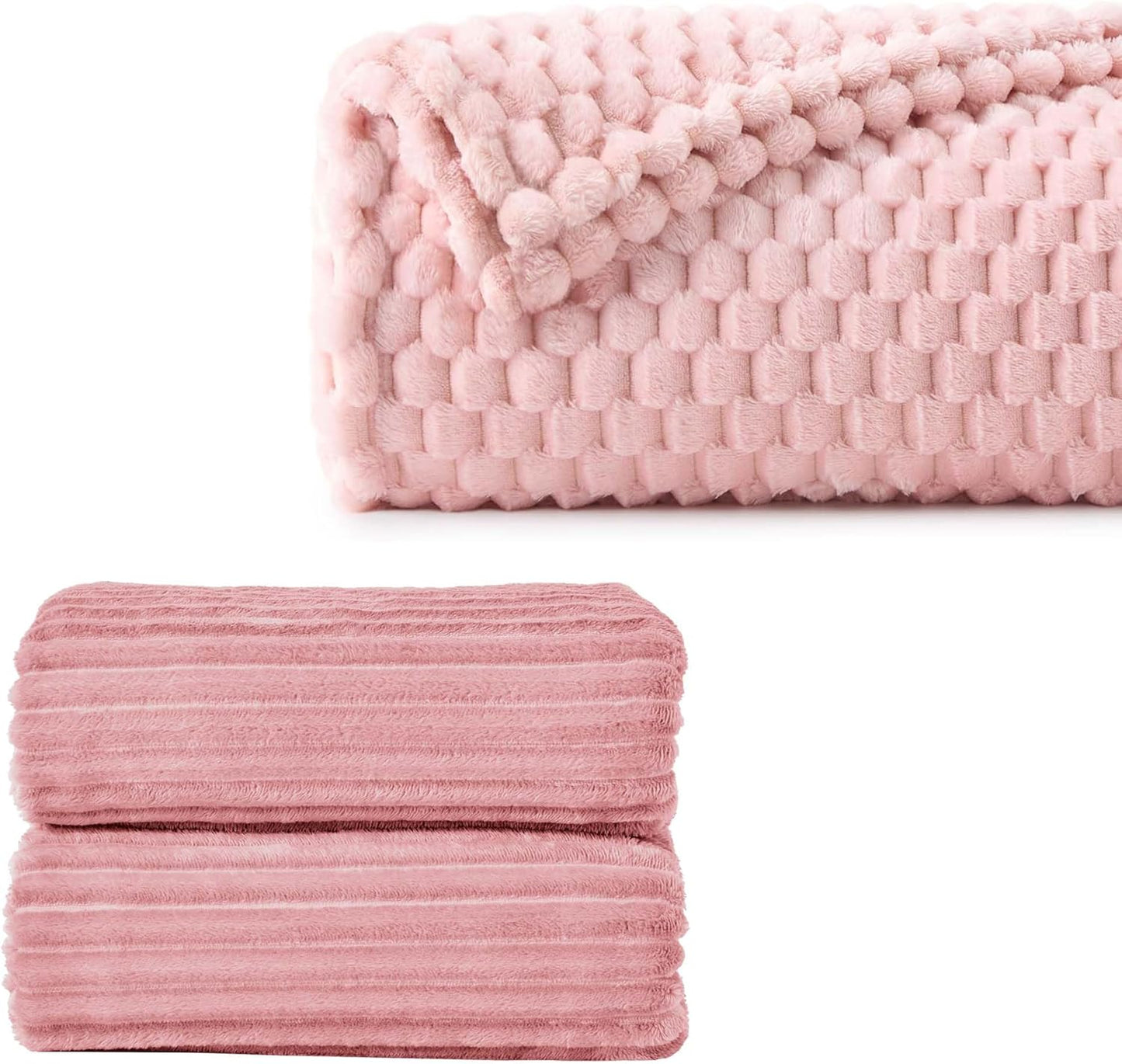 2 Pieces 3D Ribbed Jacquard Soft and Warm Decorative Fuzzy Blankets, Pink, 50X60In
