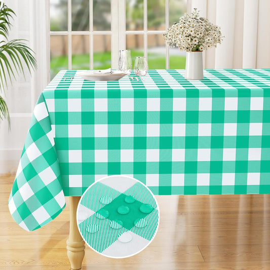 Rectangle Waterproof Vinyl Table Cloth, Buffalo Flannel Backed Tablecloth, Wipeable Plastic Table Cover for Dinner, Kitchen, Outdoor (60" X 84", Green and White)