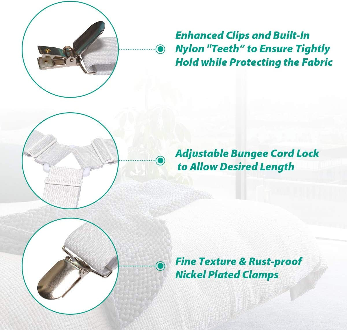 Bed Sheet Fasteners, Adjustable Mattress Suspenders, Mattress Cover Straps, Bed Corner Holder and Keepers and the Bed Sheet Grippers Clips (Triangle White Set of 4)