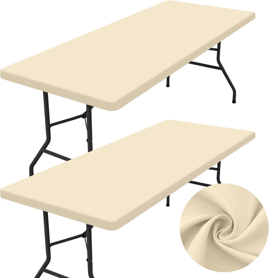 2 Pack Rectangle Table Cloth, Elastic Fitted Fabric Tablecloth Fits for 4 Foot Folding Tables, Washable Table Cover for Picnic, Camping, Indoor & Outdoor (Champagne, 24" X 48")