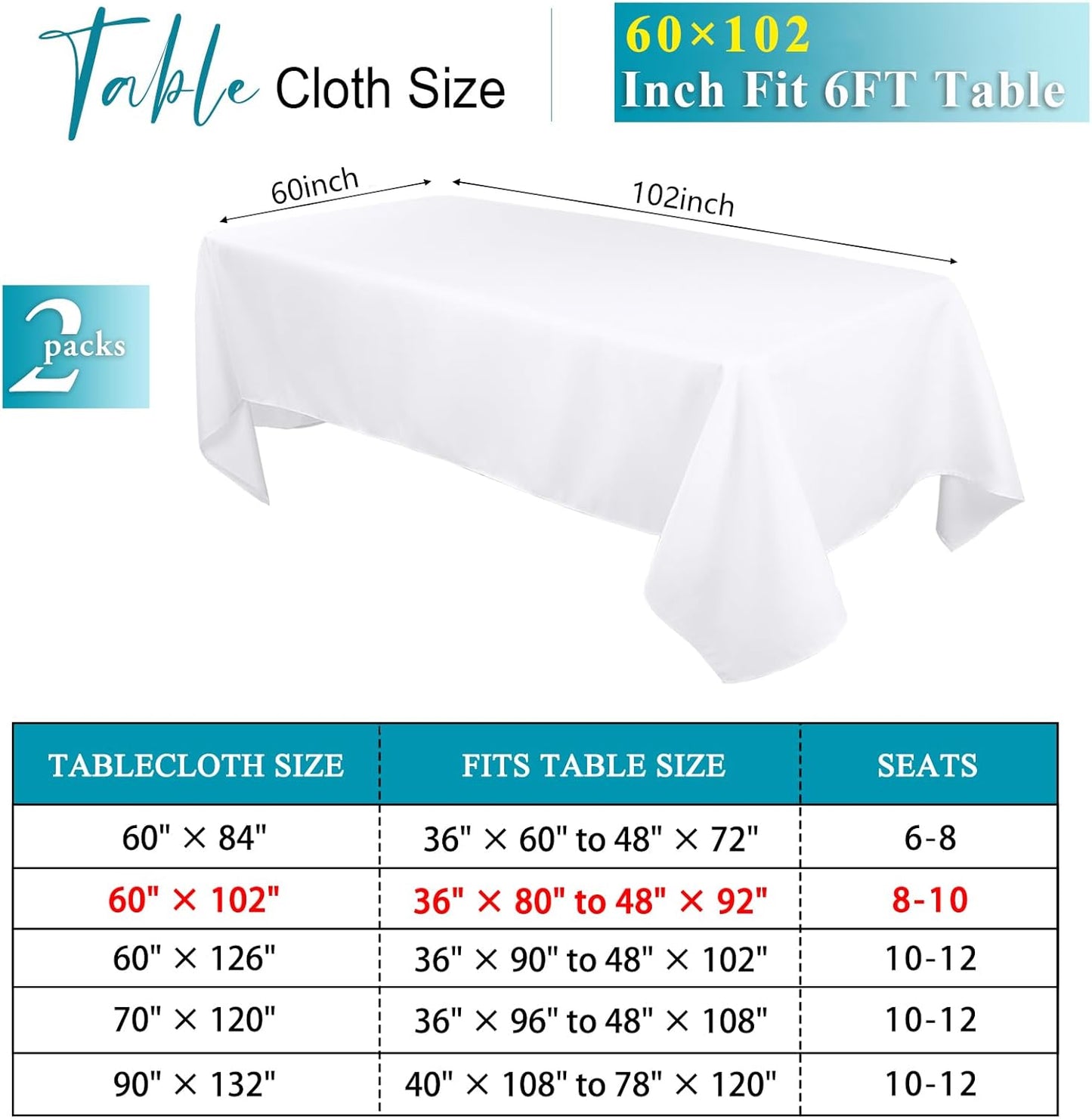 60 X102 Inch White Rectangle Table Cloths 2 Packs Polyester Tablecloths High Density Washable Fabric Table Cover for 6 Foot Tables Wrinkle Resistant Tablecloth for Wedding Buffet Banquet Party