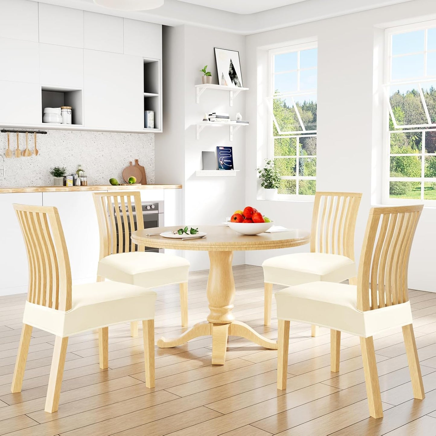 Waterproof Seat Covers for Chairs Set of 2, Stretch Pu Leather Removable Washable Dining Room Chair Seat Slipcovers Protector, No Rear Covers, Beige