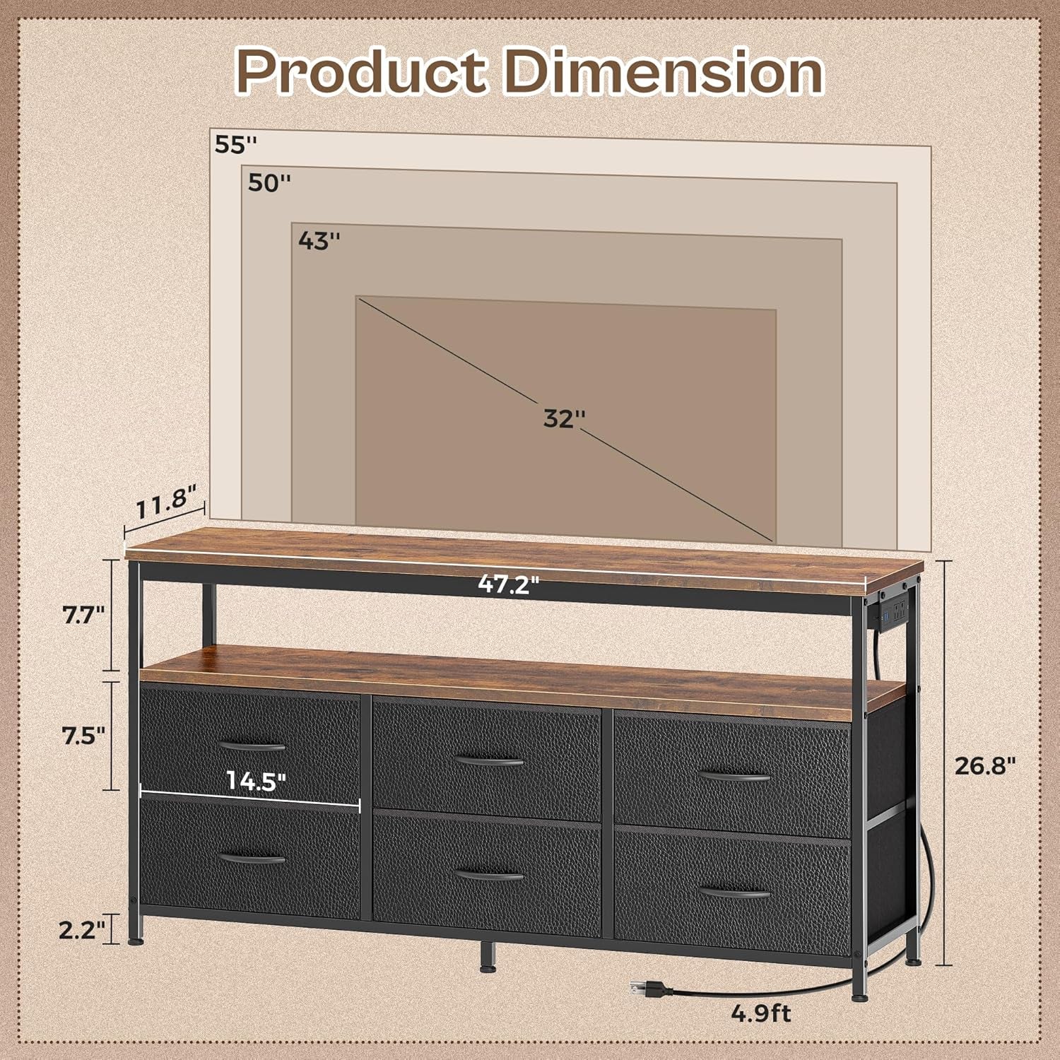 Rustic Black LED TV Stand with Storage for 43 to 55 Inch TVs, 47 Inch Dresser Entertainment Center Featuring Power Outlets and 6 Drawer Fabric Dresser for Living Room