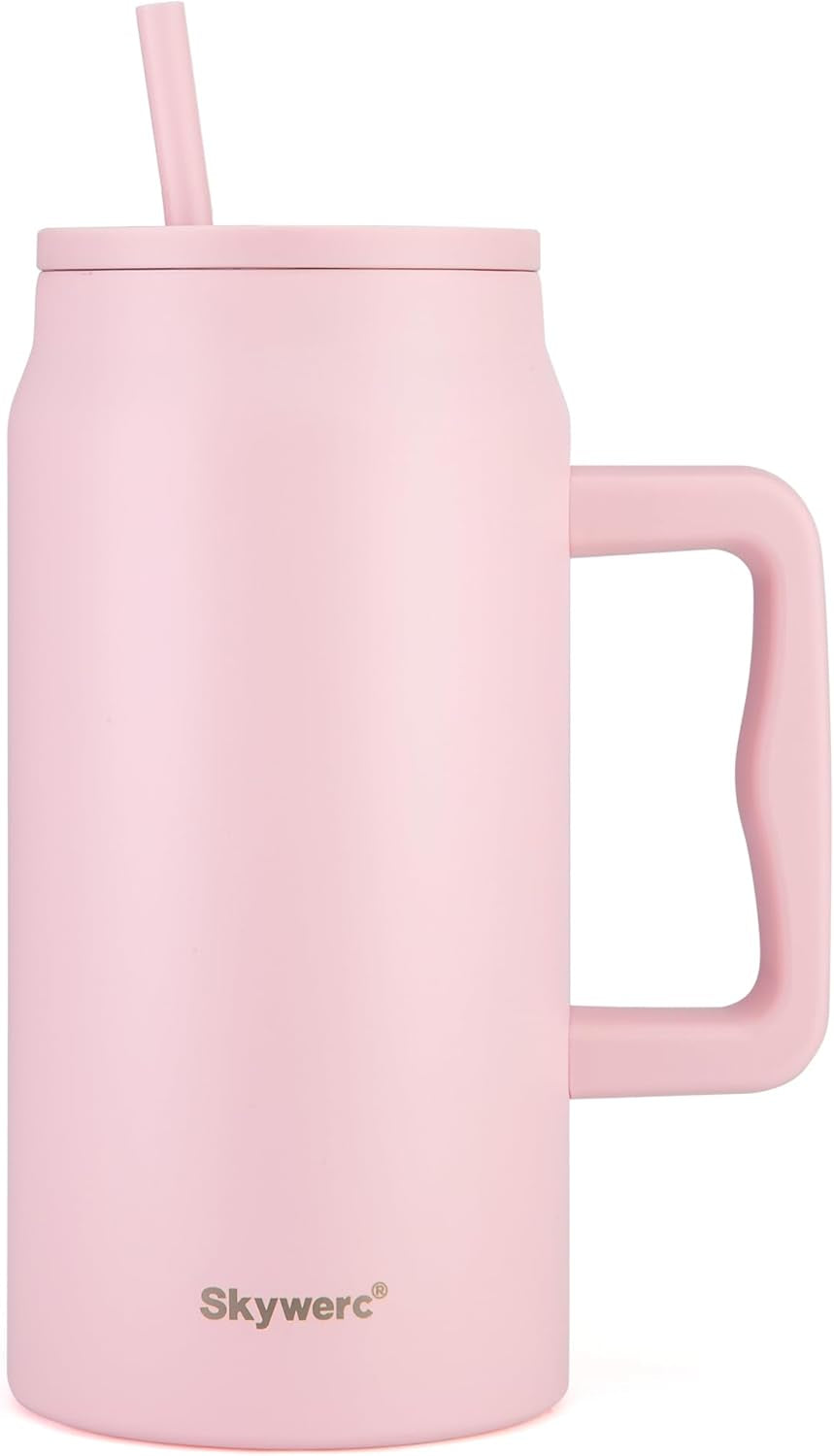 50 Oz Tumbler with Handle, Vacuum Insulated Water Bottle with Lid and Straw, Stainless Steel Double Wall Travel Jug Coffee Mug, Keep Cold for 36H, 100% Leak-Proof, Non-Slip Base - Baby Pink