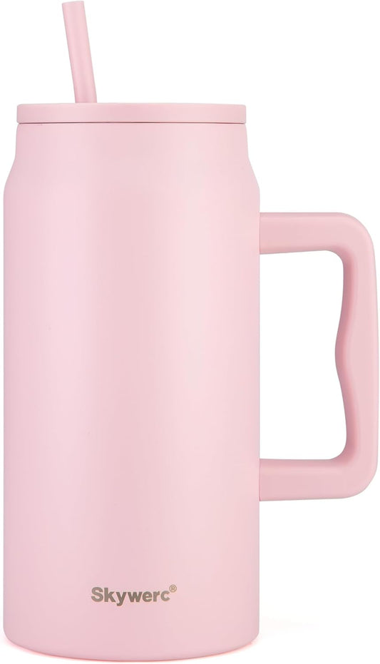 50 Oz Tumbler with Handle, Vacuum Insulated Water Bottle with Lid and Straw, Stainless Steel Double Wall Travel Jug Coffee Mug, Keep Cold for 36H, 100% Leak-Proof, Non-Slip Base - Baby Pink