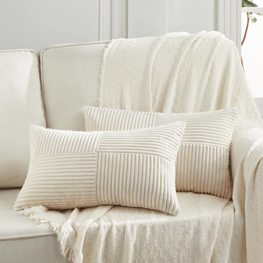 Cream Lumbar Decorative Throw Pillow Covers 12X20 Inch for Living Room Couch Bed Sofa, Rustic Farmhouse Boho Home Decor, Soft Striped Corduroy Rectangle Accent Cushion Case 30X50 Cm