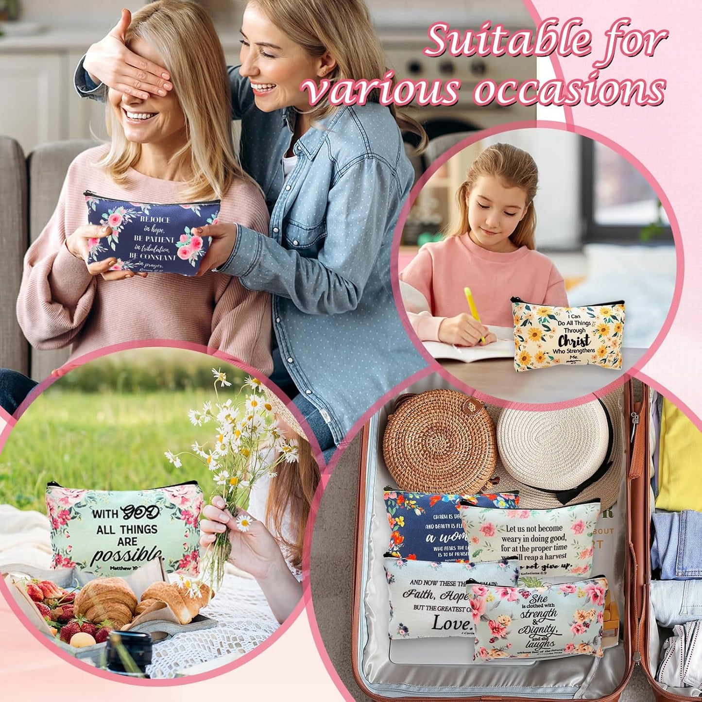 10 Pcs Christian Makeup Bag Bible Pencil Pouch Bible Cover Floral Cosmetic Bags Bulk Inspirational Religious Gifts for Women Return Christmas Church Gifts Baby Shower Prizes Canvas Makeup Bags in Bulk