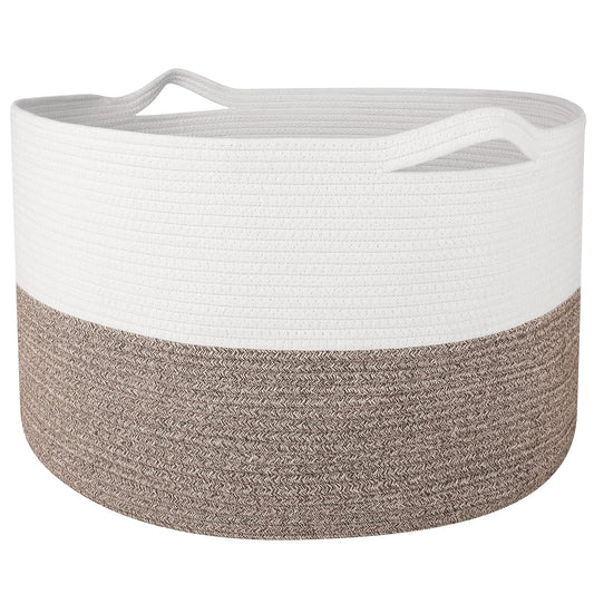 Storage Basket Large Cotton Rope Basket 21.7"X 21.7" X 13.8" with Handle Big Soft Nursery Cube Bin Laundry Hamper for Living Room(White/Brown)