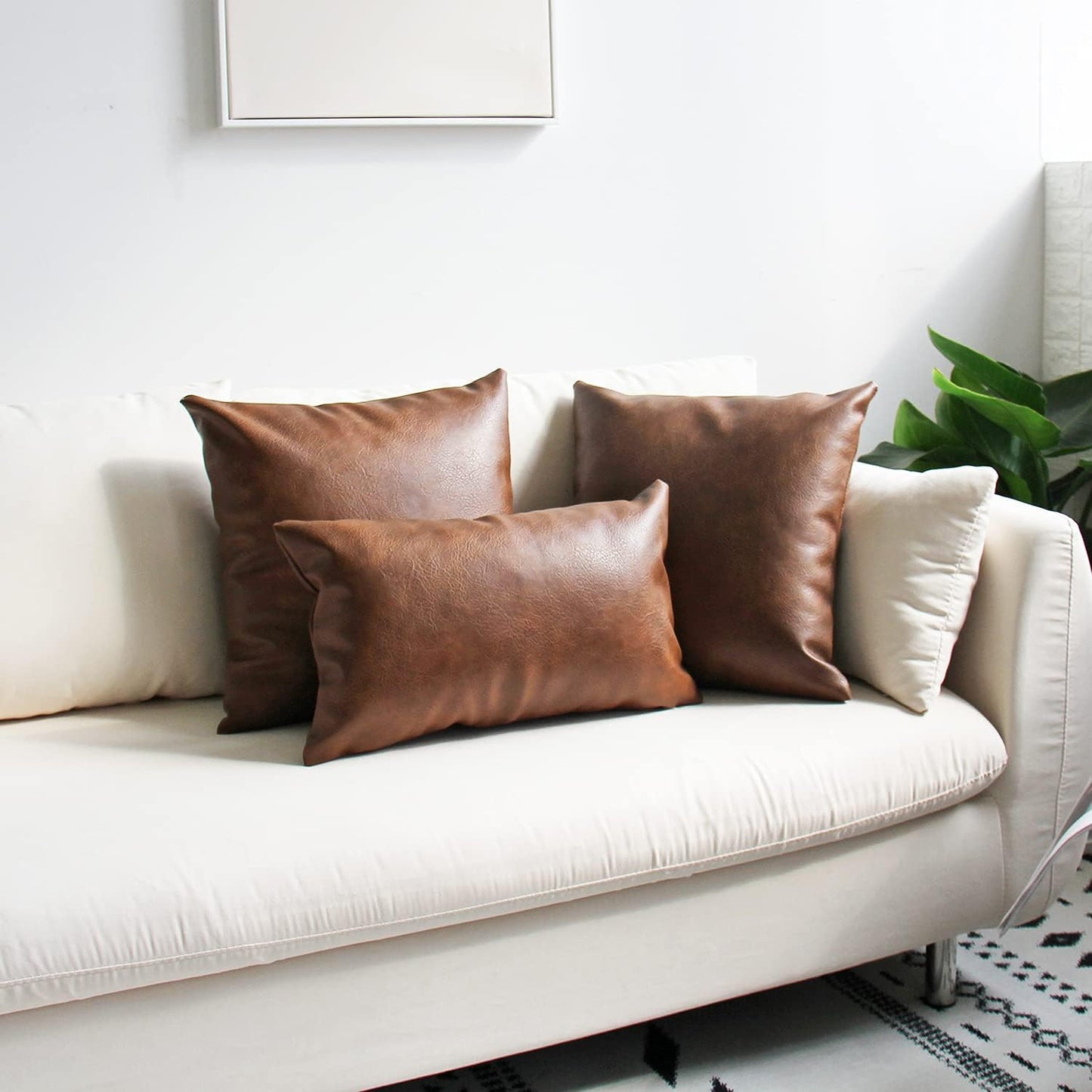Modern Leather Throw Pillow Covers for Couch Sofa Bed Set of 2 100% Faux Leather Dark Brown 20" X 20"