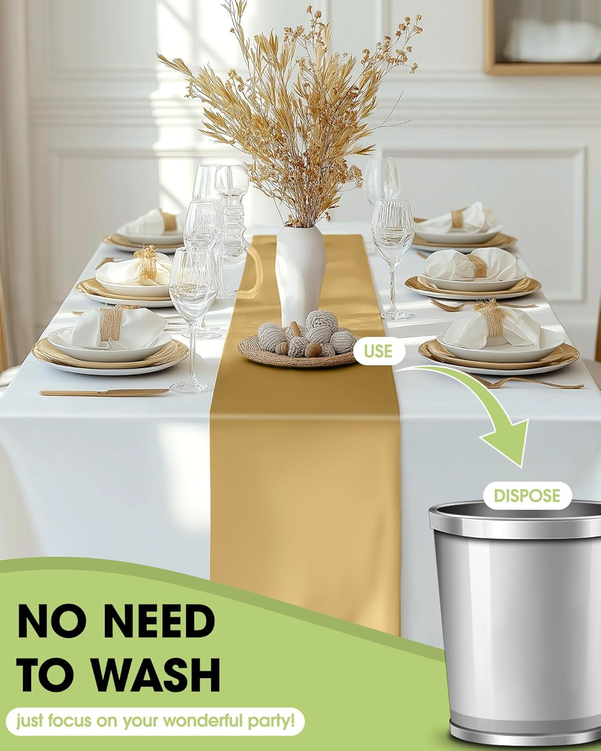 Gold Plastic Table Runners - 12 Pack, 14'' X 108'', Water Resistant & Disposable Centerpiece Decorations for Table Cloth, Wedding, Birthday, Holiday, Baby Shower, Party, Home Decor