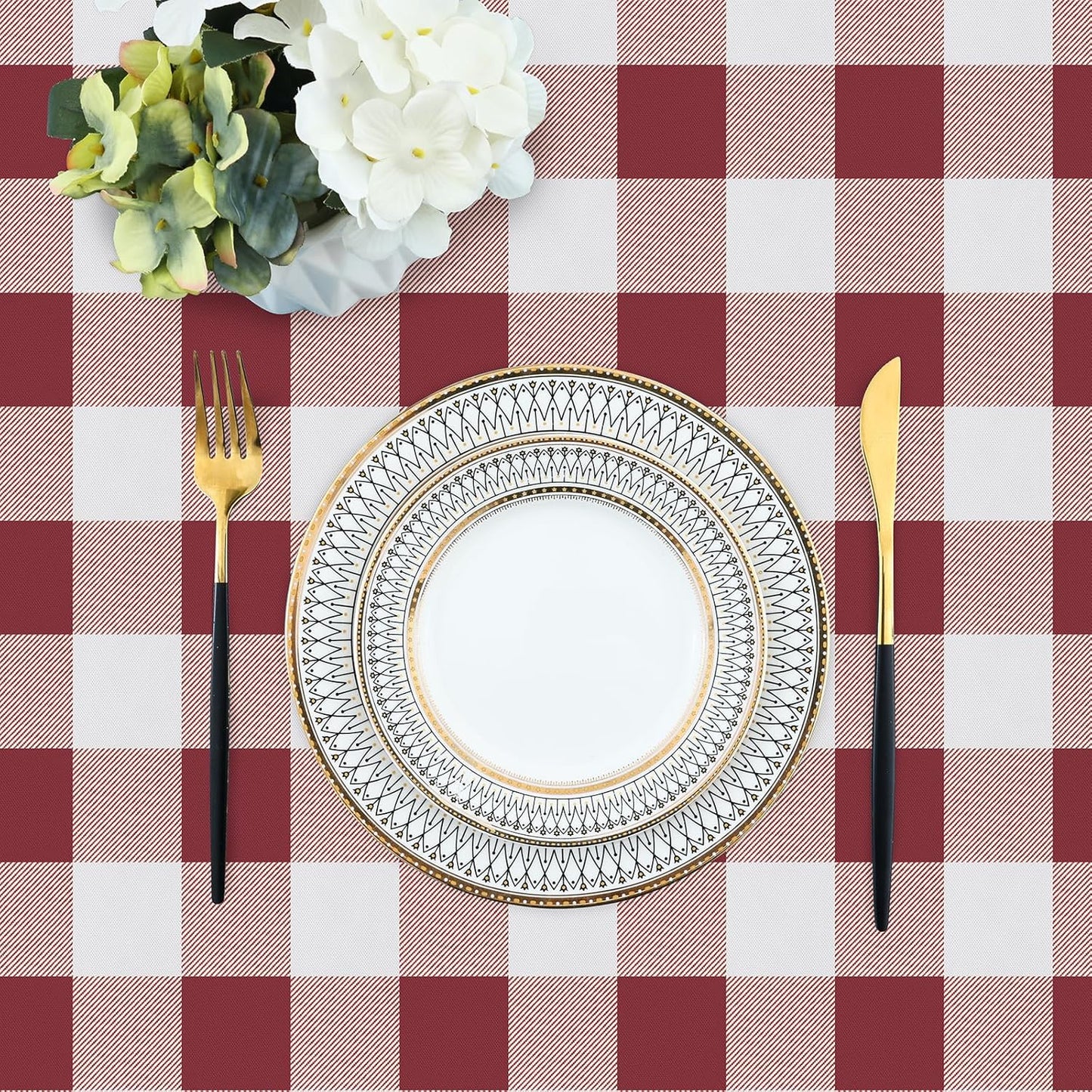 Rectangle Waterproof Vinyl Table Cloth, Buffalo Flannel Backed Tablecloth, Wipeable Plastic Table Cover for Dinner, Kitchen, Outdoor (60" X 84", Burgundy and White)