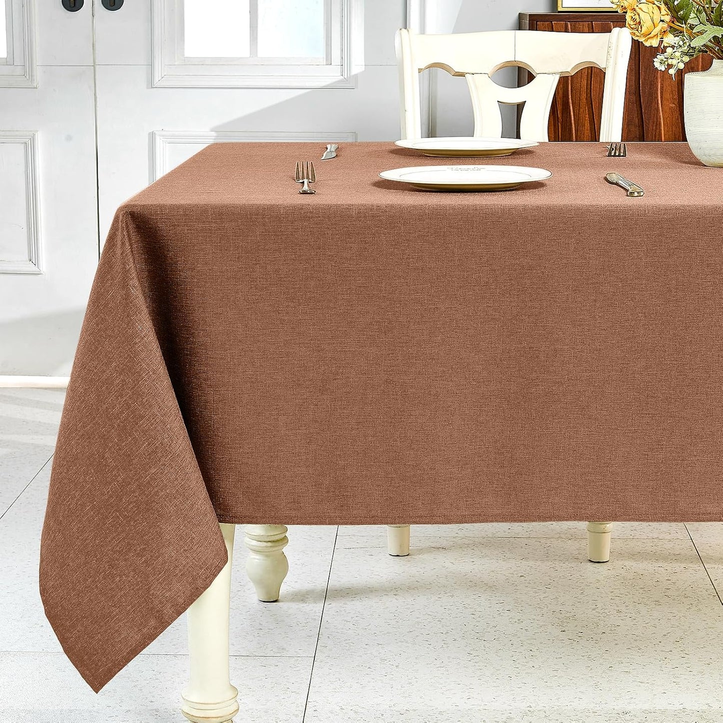 Textured Linen Table Cloth for Rectangle Tables - Coffee Tablecloths Rectangular Waterproof Wrinkle Free Wipeable Dining Table Cover for Spring Wedding Birthday Kitchen Decor, 52 X 70 Inch